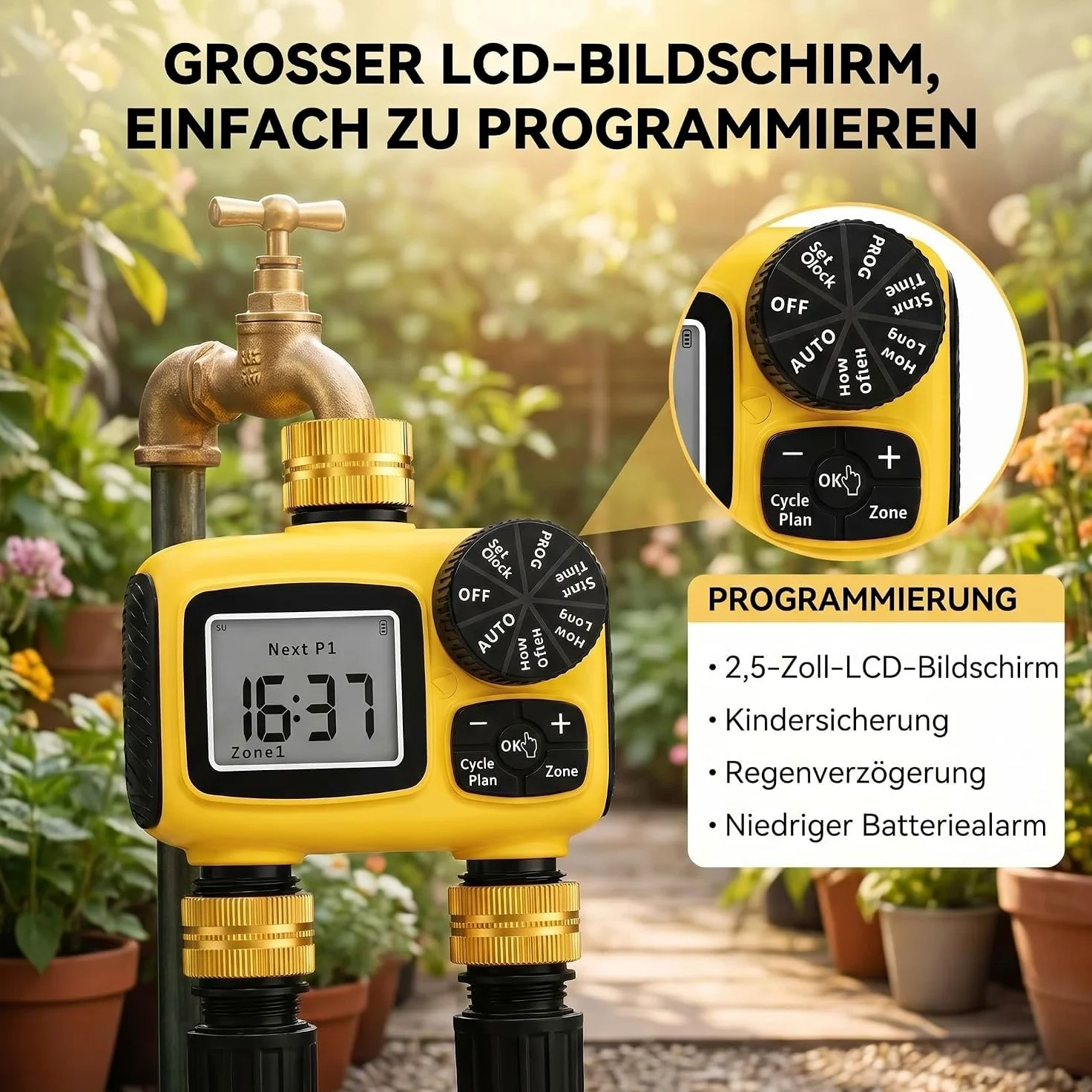 MQUPIN Ordenador de riego, 2 salidas, conexiones de latón | Temporizador de agua LCD con retardo de lluvia, protección para niños, IP55, doble zona, para jardín, césped, huertos