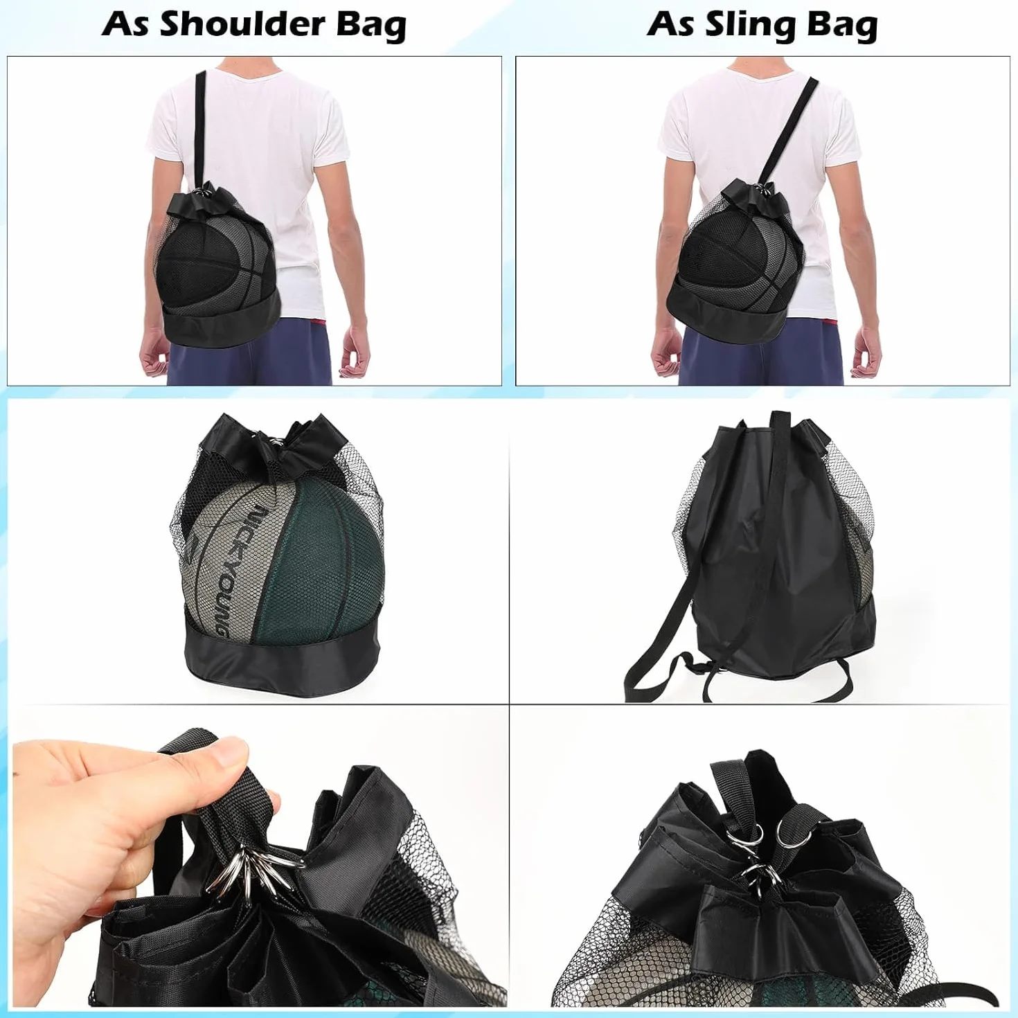 Bolsa de Malla para Pelotas Mochila Baloncesto Deportiva Ajustable Negro