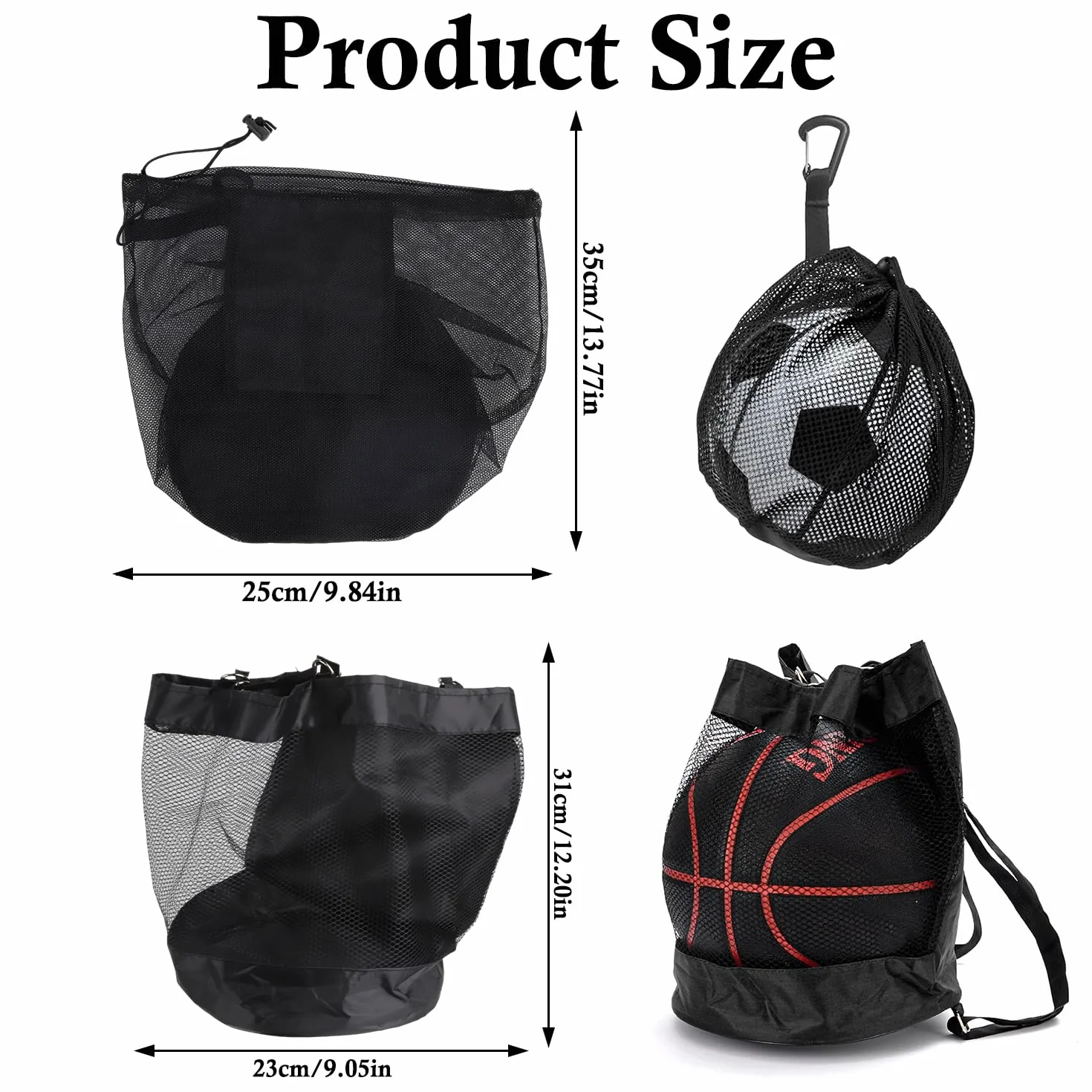 Mochila de Malla de Baloncesto 2 en 1 con Bolsa de Fútbol - Impermeable Tela Oxford Negro