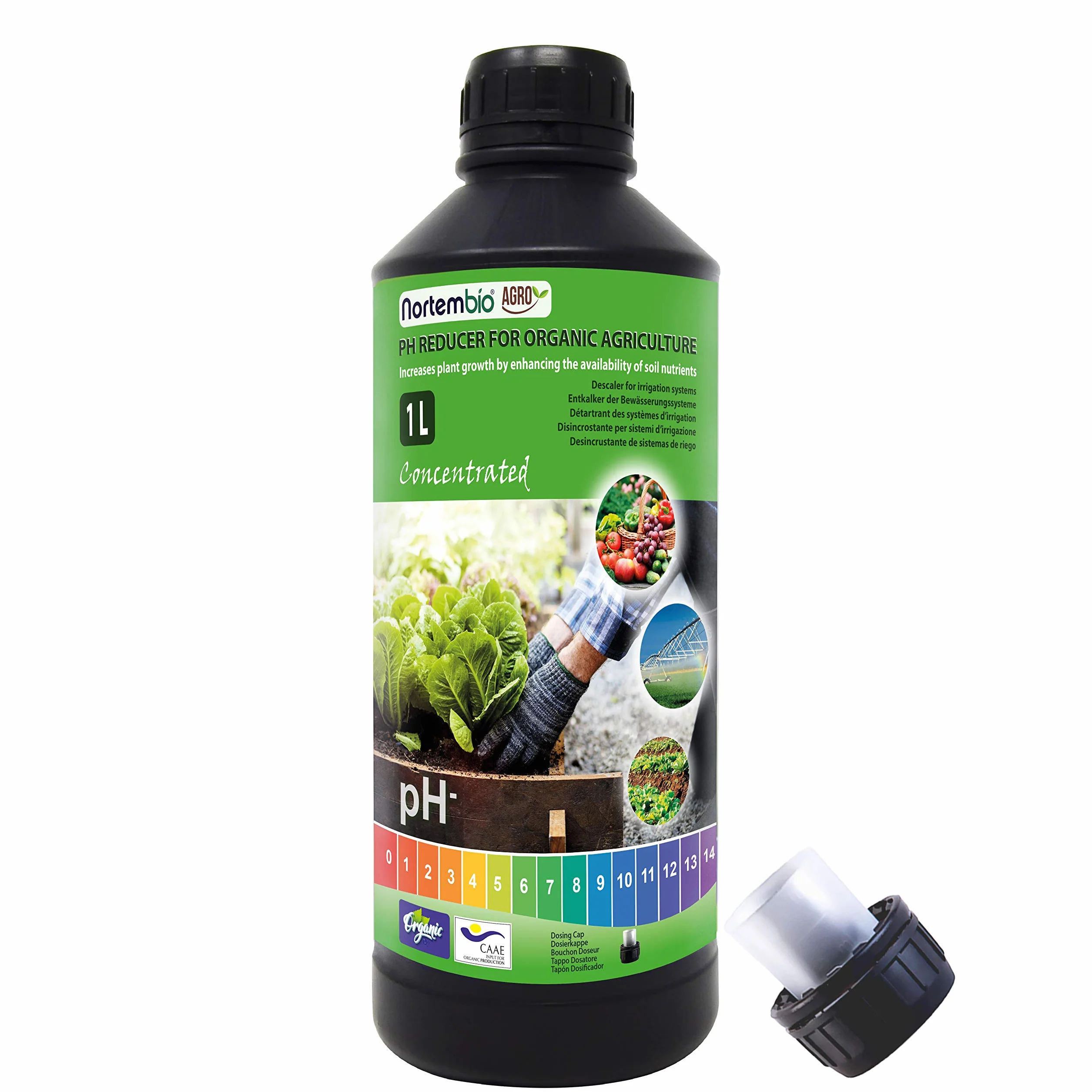 Nortembio Agro Reductor de pH Ecológico 1 L Corrector Natural para Plantas y Cultivos, Desincrustante de Riego, Mejora el Sabor, Aroma y Crecimiento - Uso Universal