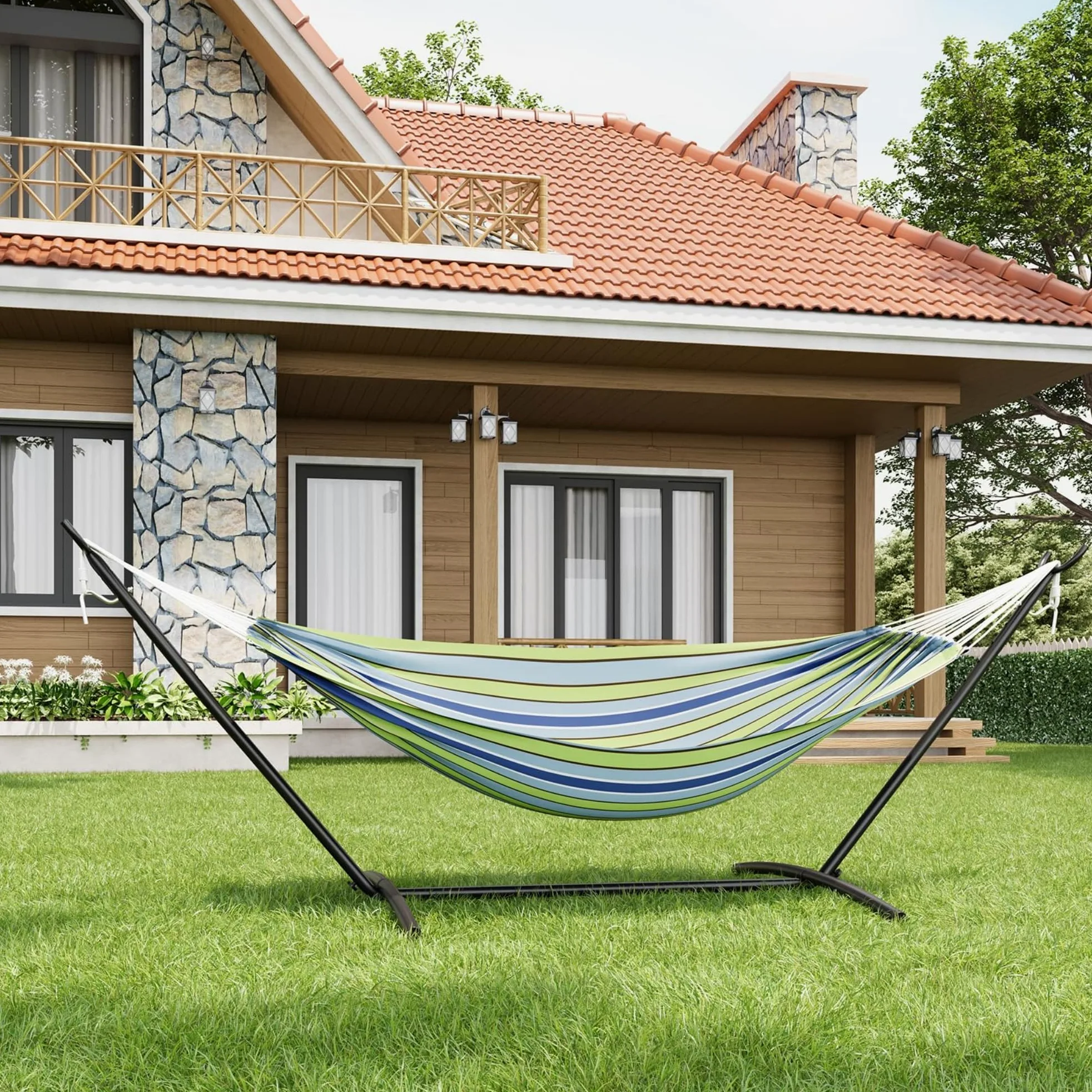Hamaca al aire libre con soporte, hamaca portátil para patio, balcón jardín, hamaca doble pie para terraza de camping
