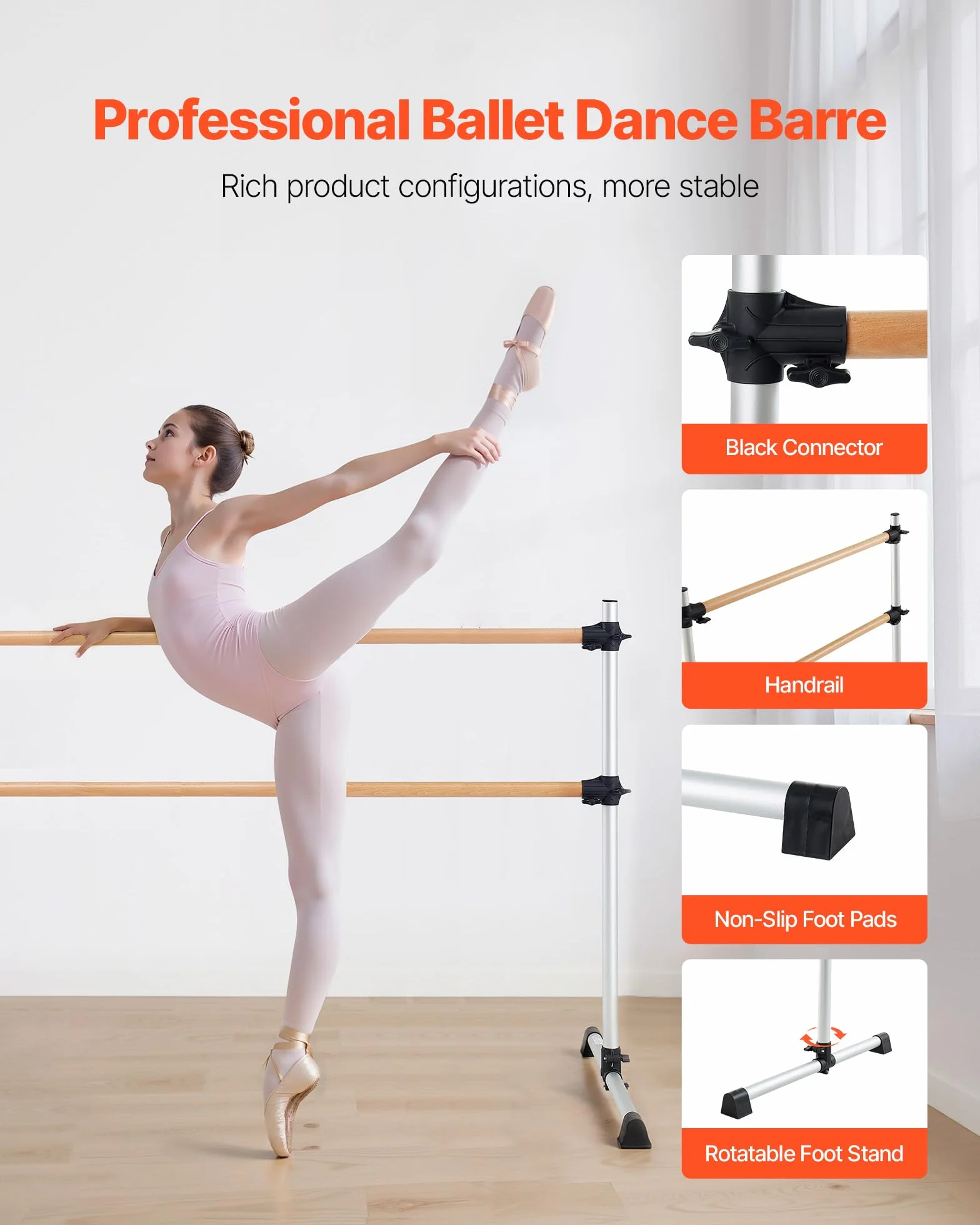 VEVOR Barra de Baile Doble Altura Ajustable 170-1165 mm Madera para Ballet Ejercicios 1840 x 760 x 1180 mm Plata