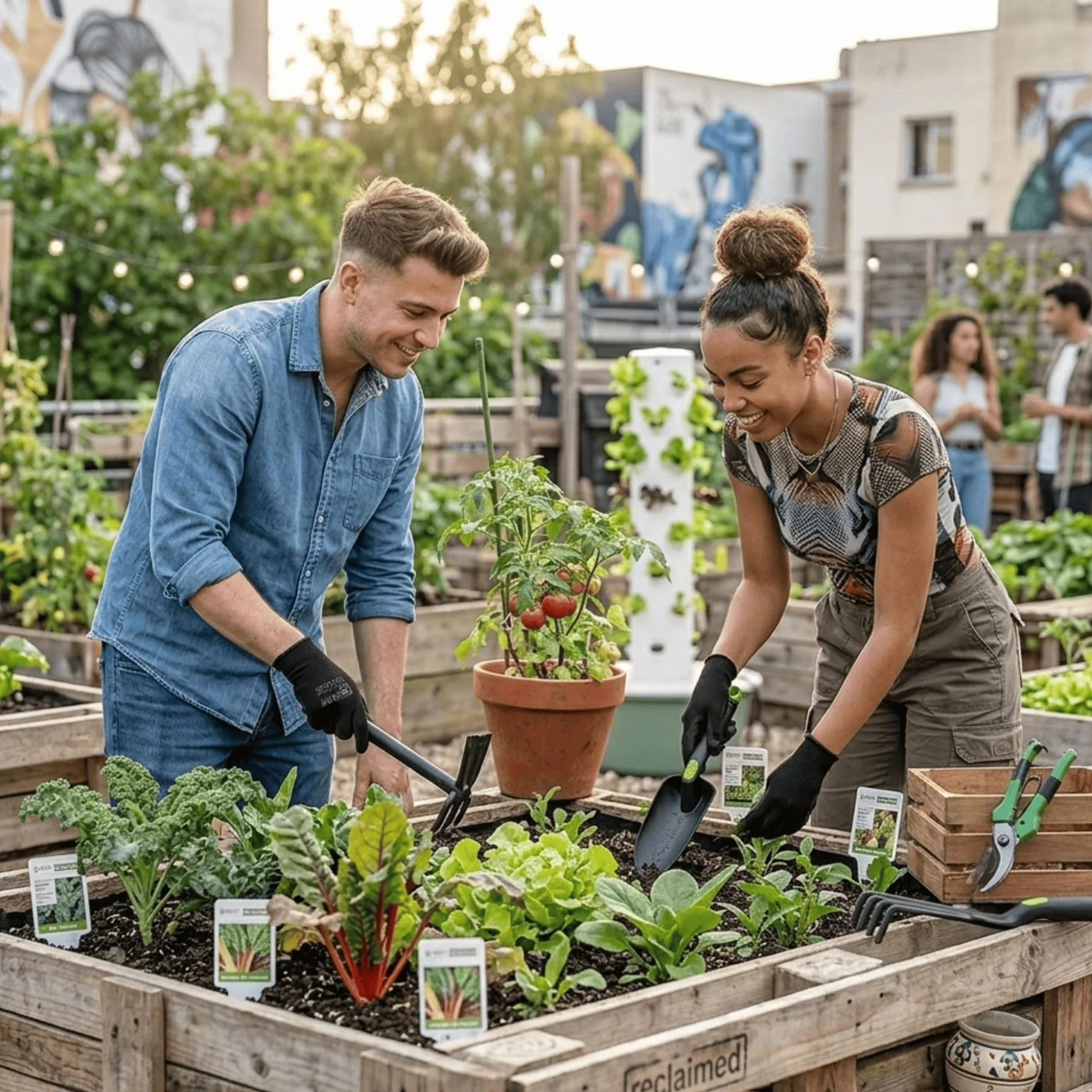 Kit 5 Herramientas de jardinería Resistente de Fibra de Vidrio Ideal para jardín, huerto Urbano o terraza | Kit jardineria Completo Que Incluye: Pala, Rastrillo, Azada, Tijeras de Podar y Guantes.