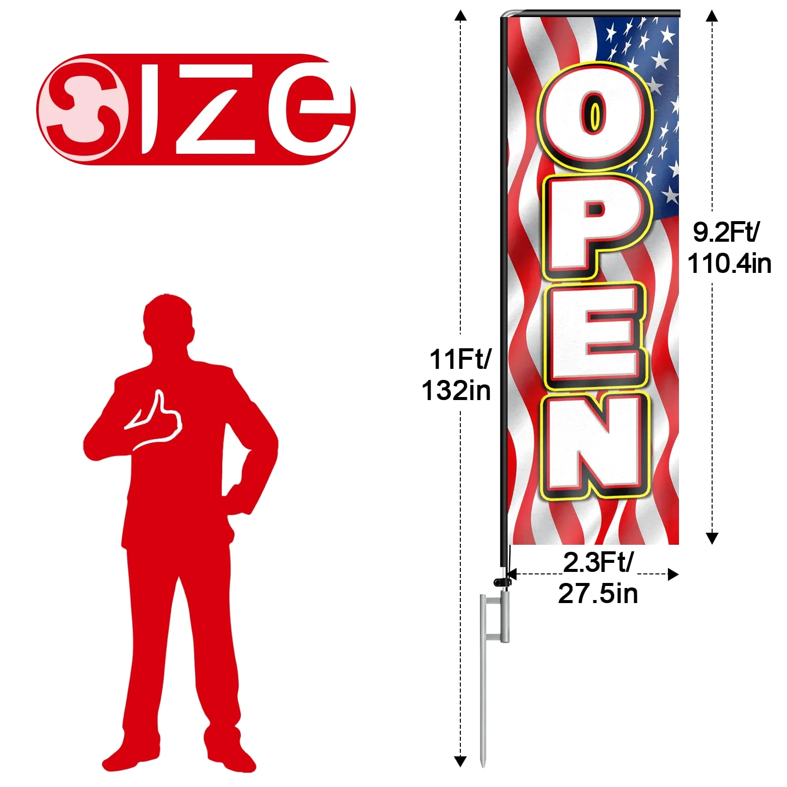 Red Open02 - Bandera rectangular de plumas con kit de mástil de bandera y estaca para el suelo, 11 pies, bandera roja Open02 sin viento, cartel de negocios para publicidad en interiores y