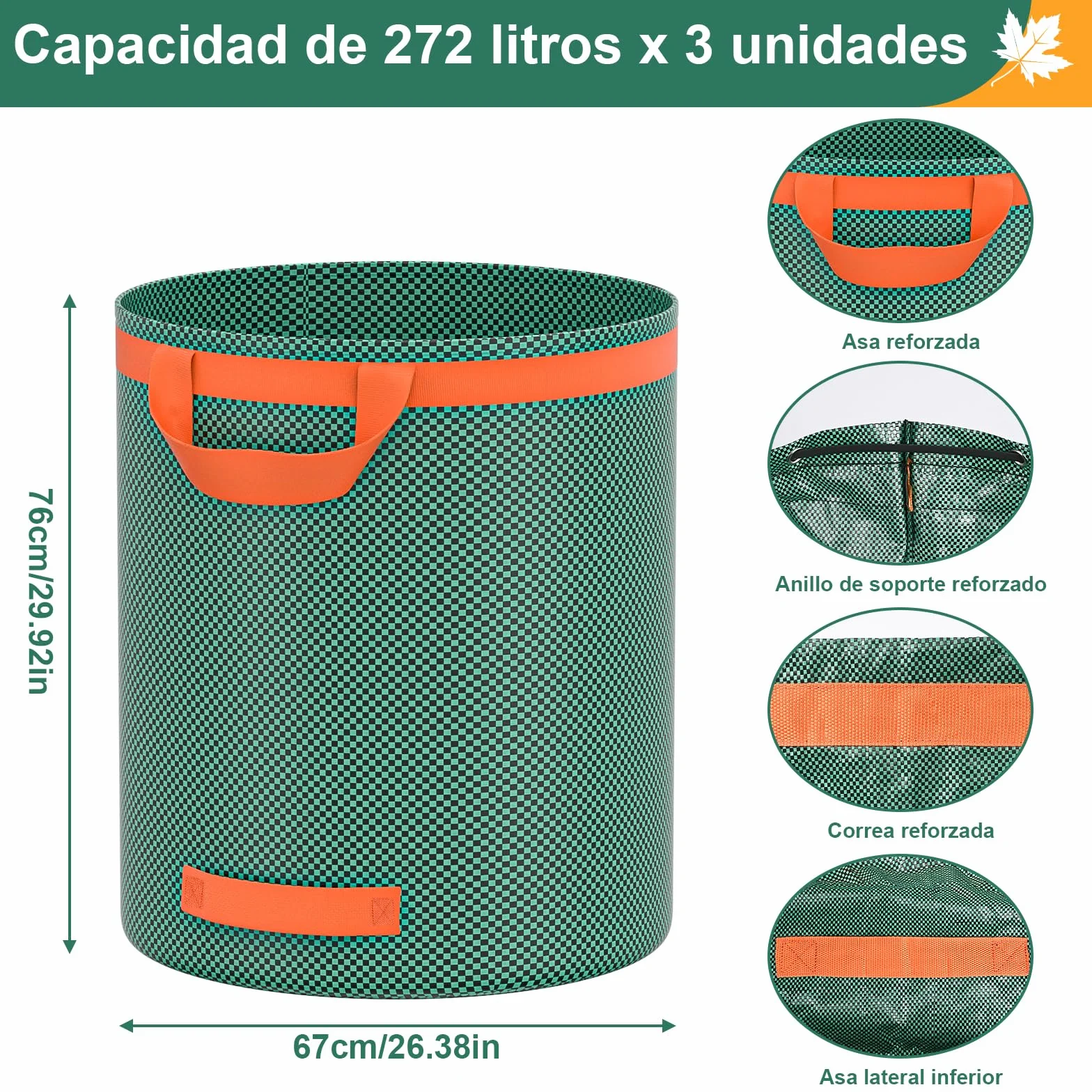 3x272L Jardineria de Sacos,Bolsas de Jardinería Bolsas de jardín reutilizables con Asas,Bolsa de Jardín Impermeables, Bolsas de Hojas Plegable