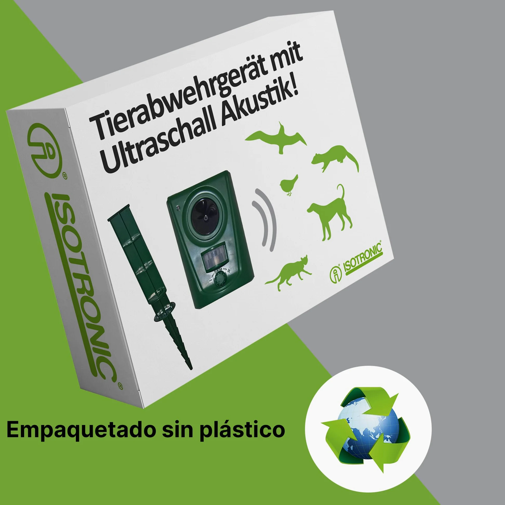 ISOTRONIC Repelente ultrasónico para Animales Salvajes, Aves, Perros, Gatos y martas. Dispositivo Repelente a Pilas con estaca para jardín. Alcance Efectivo de 60 m² (3 Unidades).