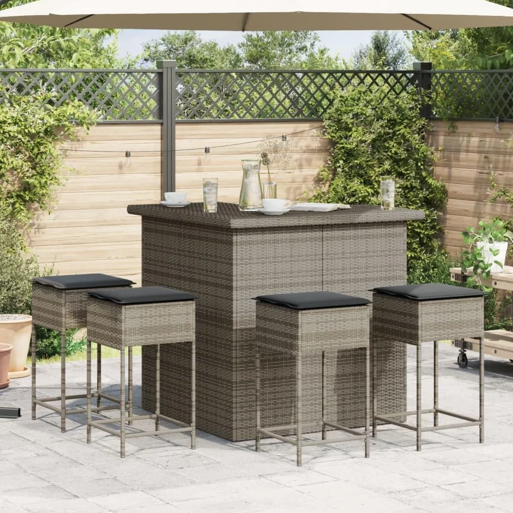 vidaXL Juego de Bar de jardín de 5 Piezas con Cojines ratán PE Gris, Mesa Alta y taburetes de Exterior, Juego de Bar, Juego de Muebles