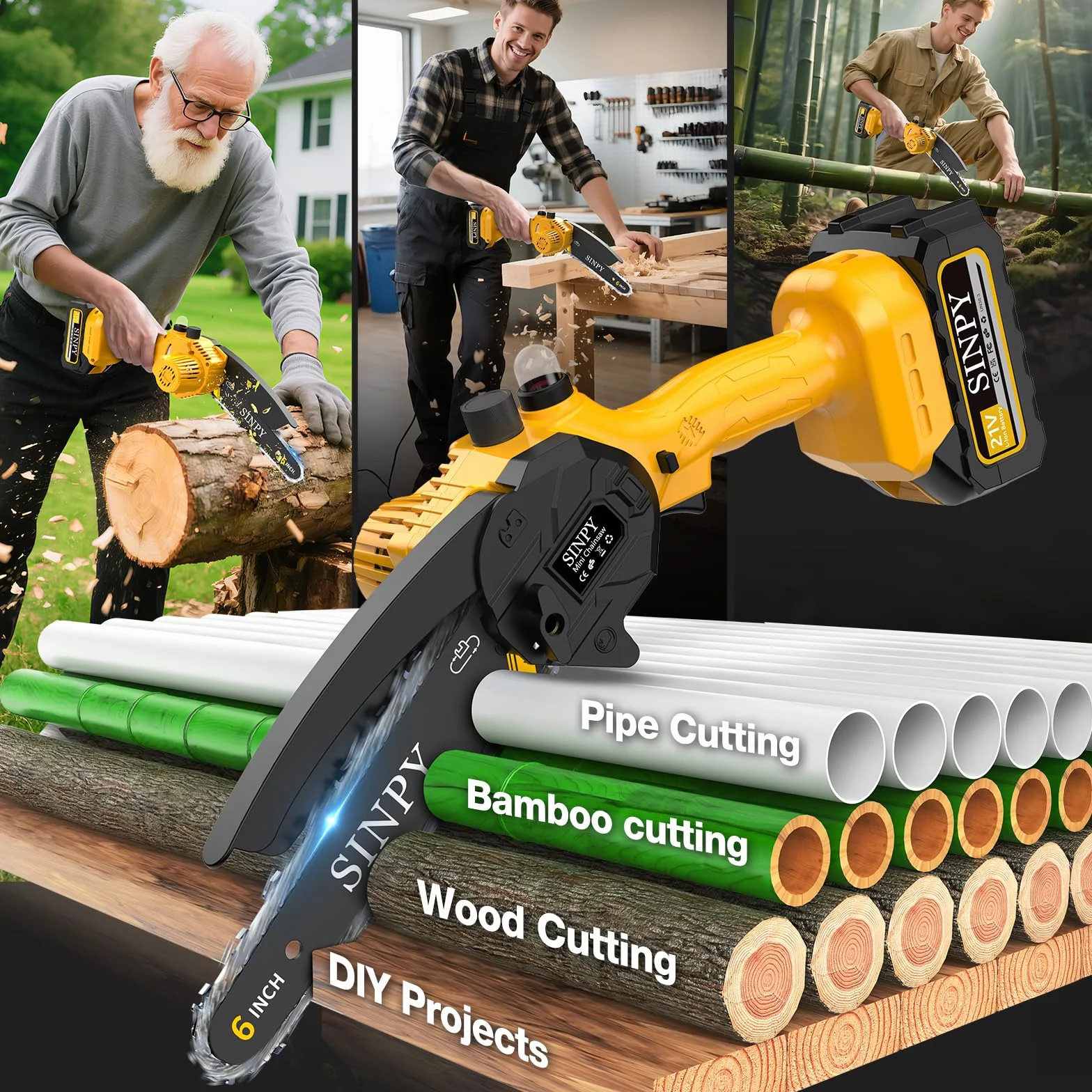 2x4000 mAh Mini Motosierra Bateria, 6 Pulgadas Motosierra Eléctrica Pequeña Sierra Electrica Podar Arboles Inalámbrica con Cadena de Acero al Manganeso de Mano y Engrasador Automático