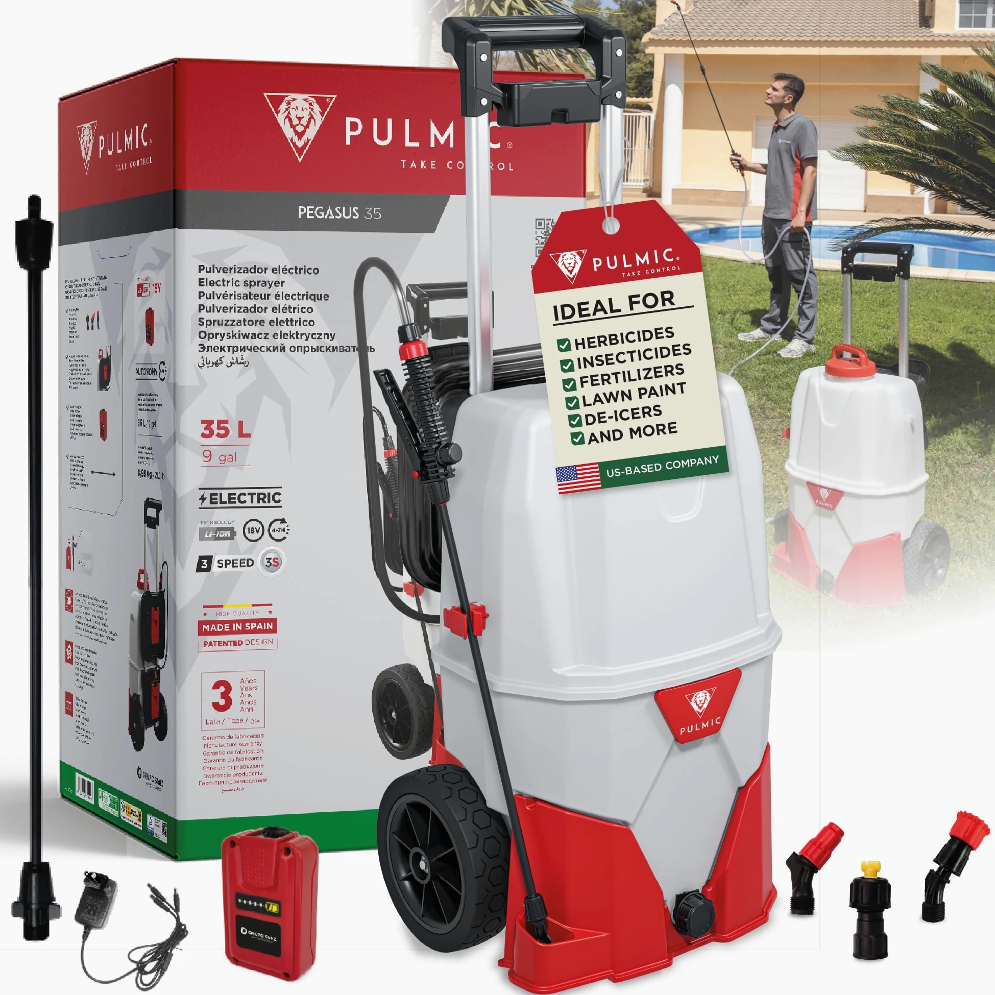 Pulverizador Eléctrico con Ruedas PULMIC Pegasus 35L. 3 Velocidades de Pulverización hasta 4 Bar, 7 Horas de Autonomía y Manguera de 6M. Bateria de Litio 18V. Fumigadora Pulverizador.PULMIC