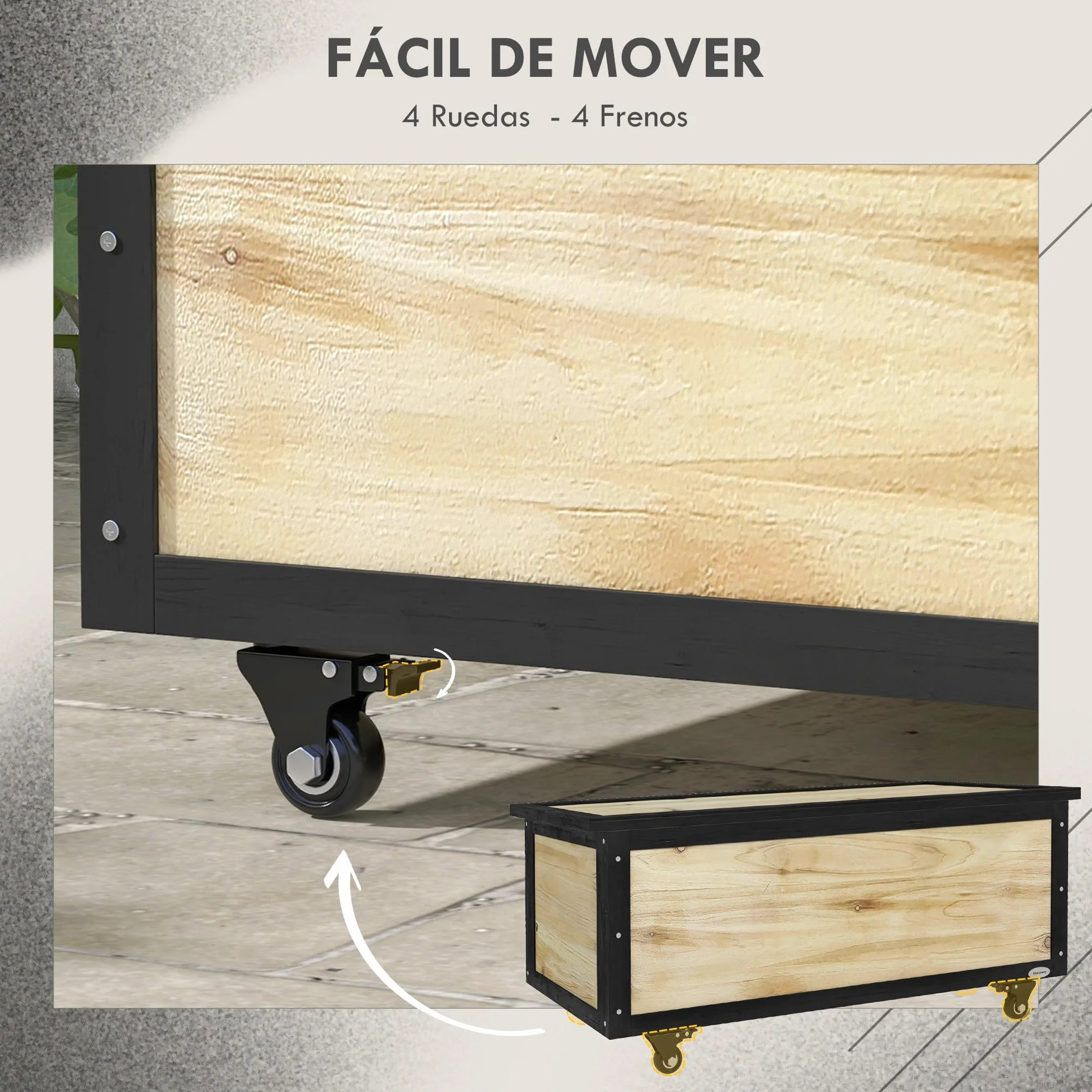 Outsunny Baúl de Exterior 121L Arcón Almacenaje de Madera con 4 Ruedas para Jardín Patio Balcón 100x50x43 cm Natural y Negro