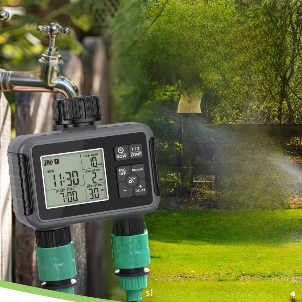 Temporizador de agua programable para grifo de jardín con configuración de entrada y salida de zonas duales independientes y capacidad de anulación manual