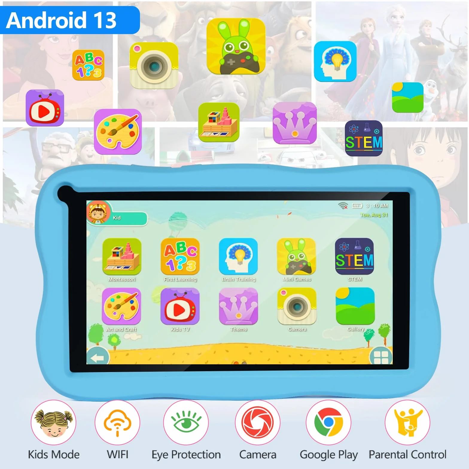 Tablet 7 cali SUMTAB, Android, 8GB RAM 64GB ROM, IPS HD, Kontrola rodzicielska, edukacyjna dla dzieci (Niebieski)