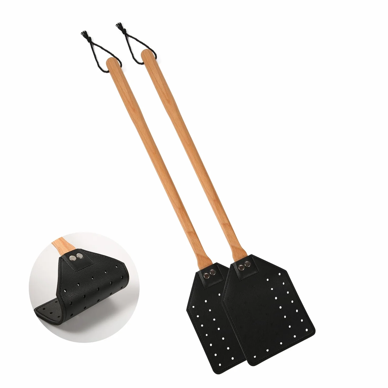 2 Piezas Matamoscas de Cuero, Matamoscas Manual con Mango Largo de Madera Duradero Atrapamoscas Matamoscas de Avispas para Interior Exterior Hogar Mosca