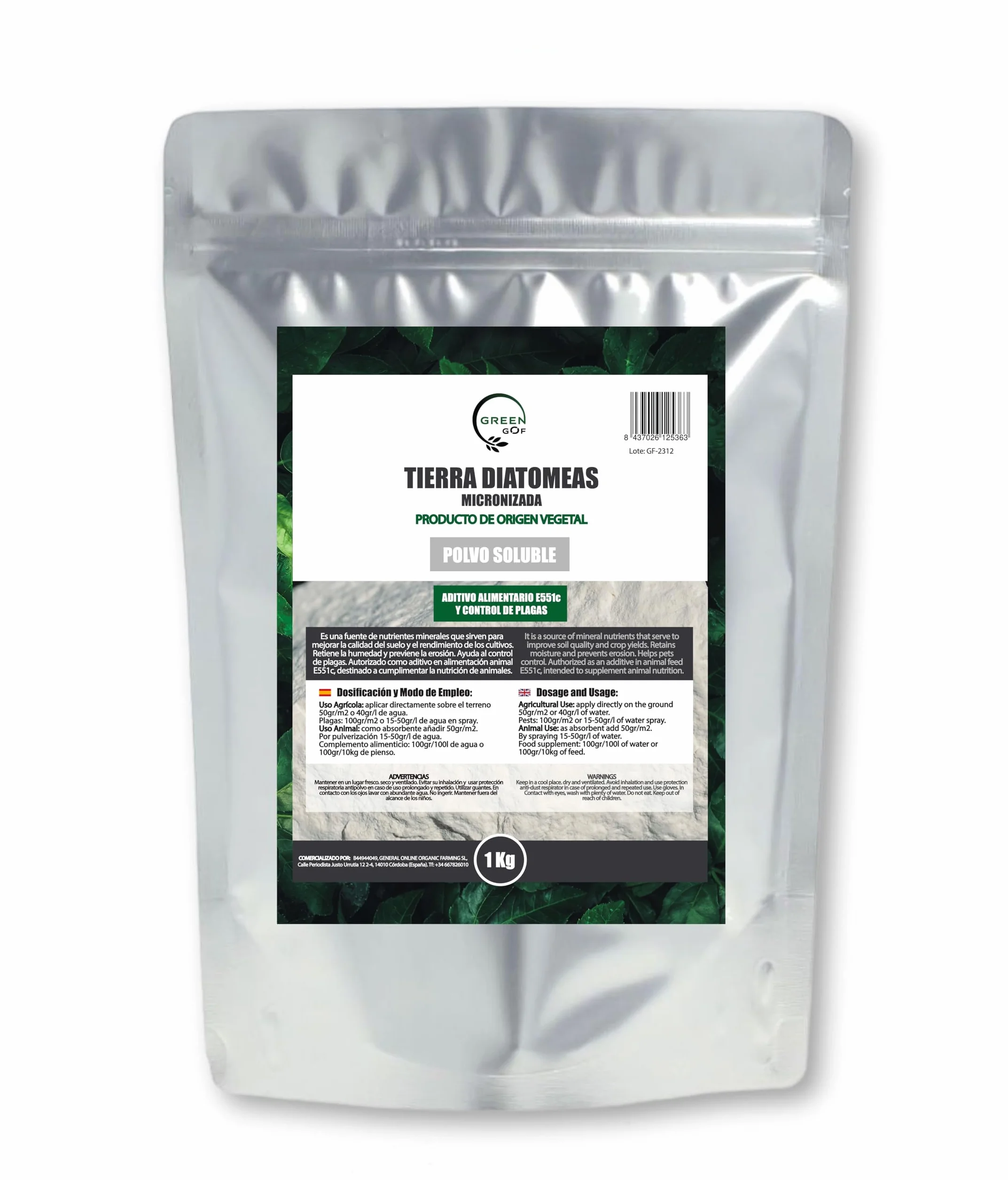 GREENGOF Tierra de Diatomeas Micronizada 1Kg - 100% Natural - Aditivo Alimenticio Animal E551c - No calcinada - Alta Pureza - Sin tratamientos ni residuos. Uso en Agricultura, Jardín y Animales.