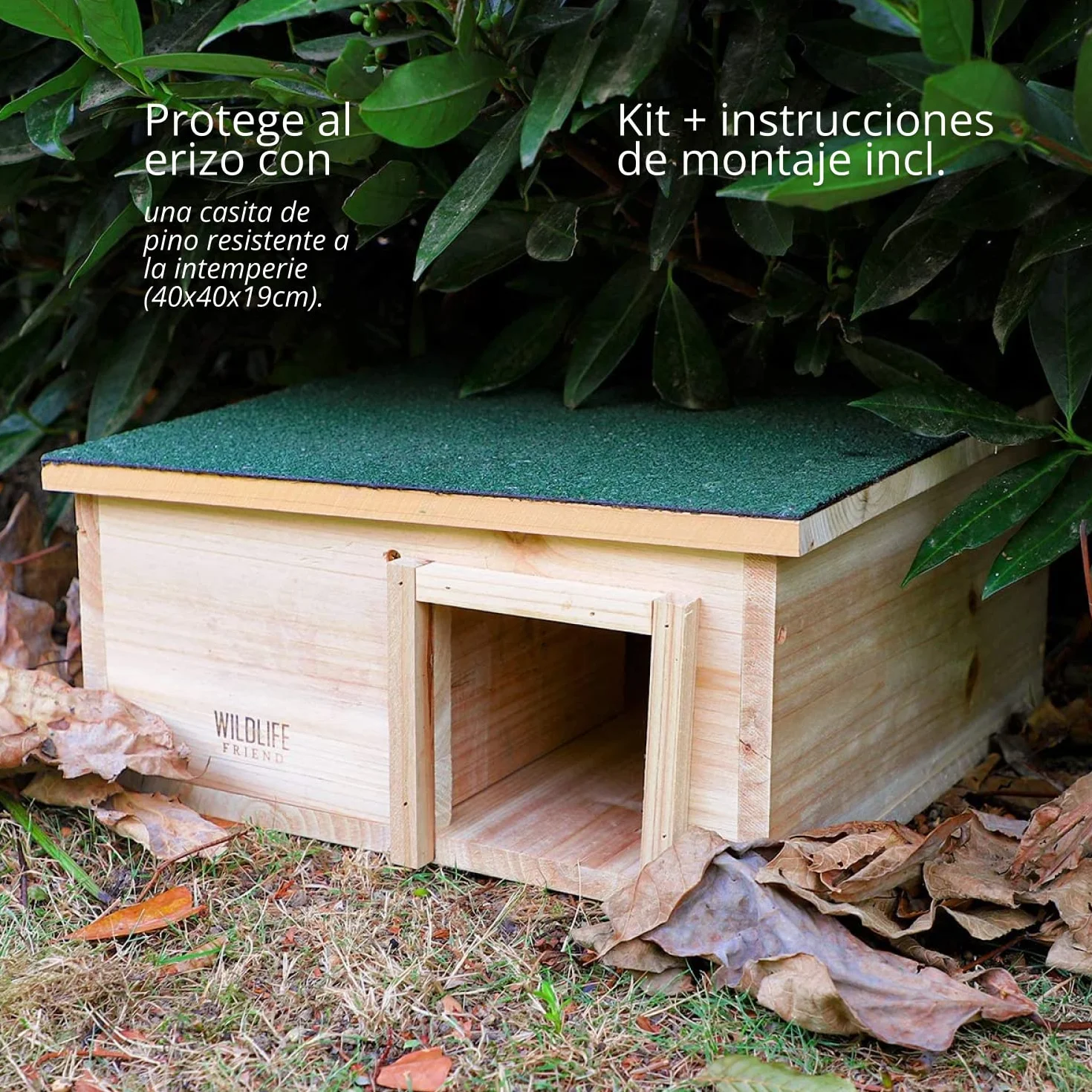 Wildlife Friend Caseta de Madera para erizos, Protege a tu Mascota de la interperie, Casa para jardínes Exteriores, Tamaño 40cm x 40cm x 19cm, Prepara el Nido y Protege a tu Mascota