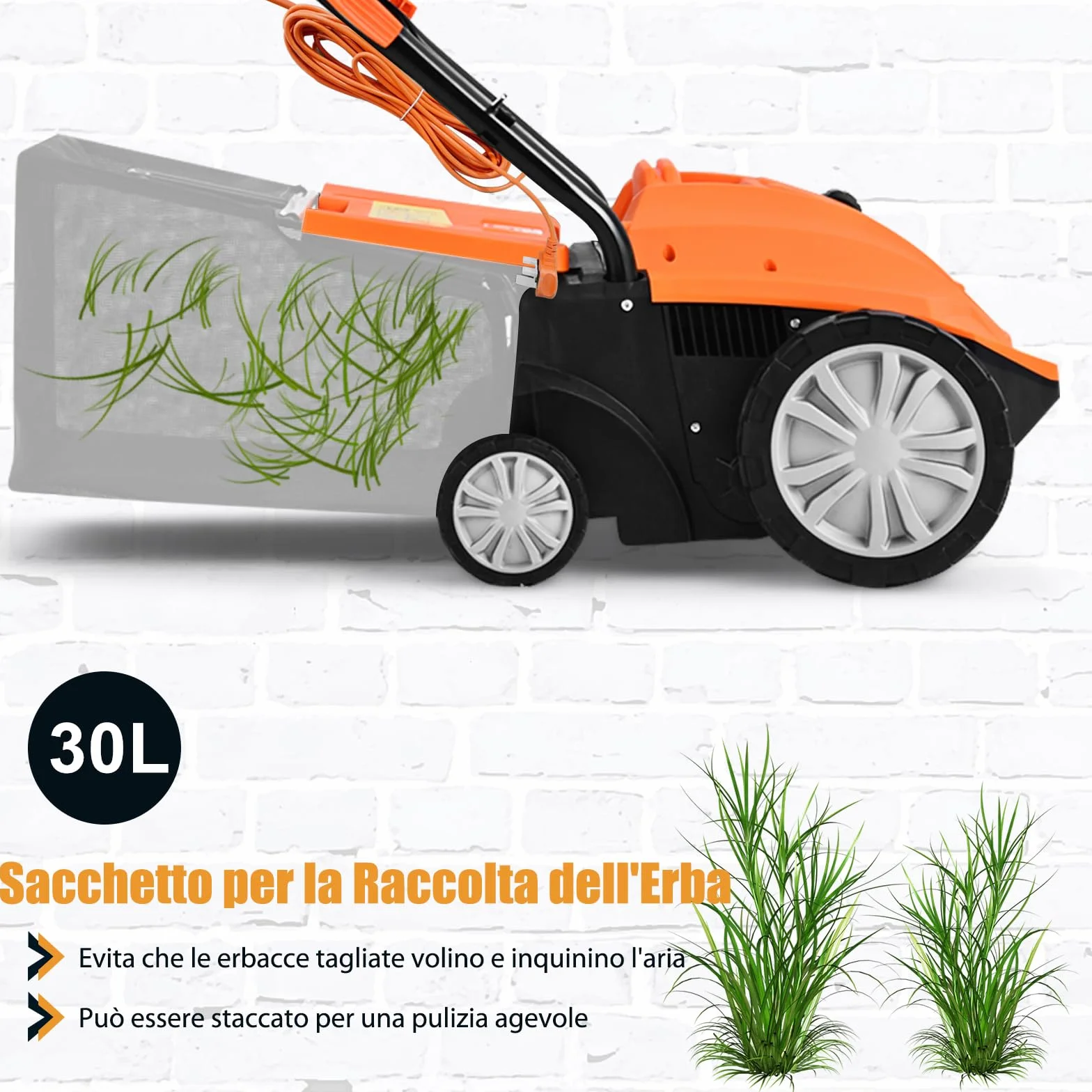 GOPLUS Escarificador Eléctrico 2 en 1, con Bolsa de Recogida de 30L/45L, Aireador de Césped con Altura Ajustable en 4 Niveles, 2 Cuchillas Extraíbles y Asa Plegable (30L,Naranja)
