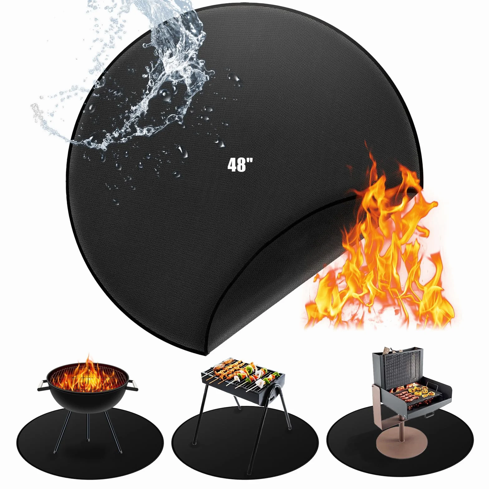120cm/48”Redondo Alfombra Ignifuga，Reutilizable Alfombra Barbacoa Exterior Alfombra Chimenea Ignifuga Alfombra Ignífuga Plegable Grande Para BBQ Suelo Camping Brasero Exterior