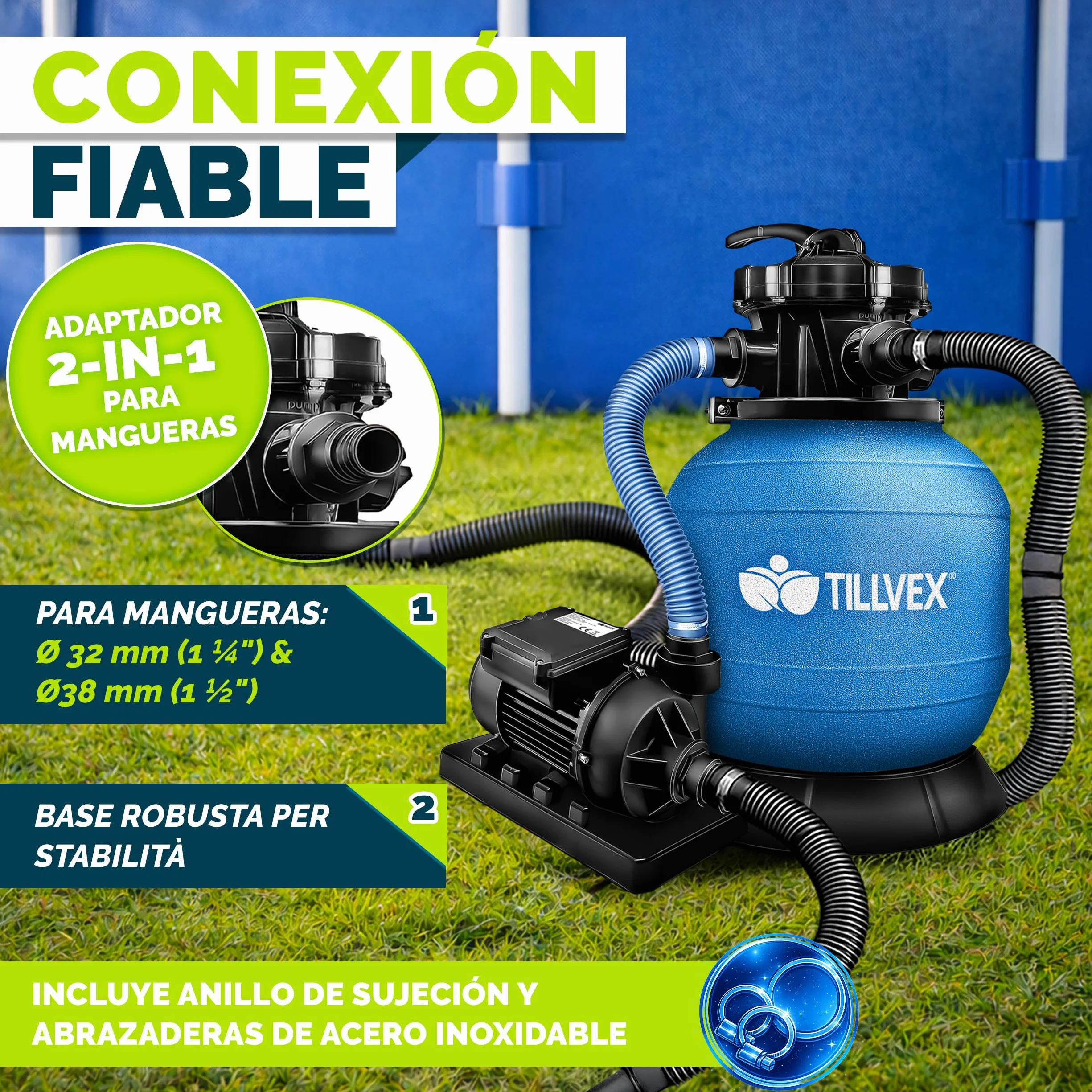 tillvex Depuradora de Agua para Piscina 7.900L/h + 400g Bolas de Filtro | 7 Funciones de Filtrado & Adaptador Ø32-38mm | Filtro de piscina con indicador de presión (Azul)