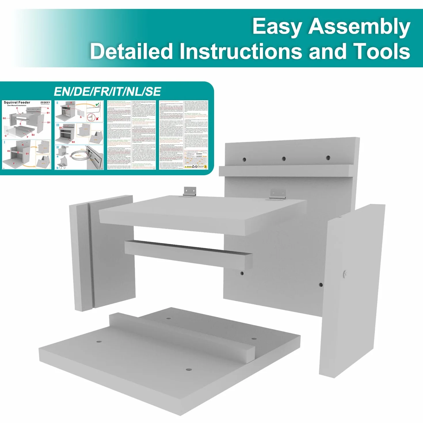 Comedero de Madera de Gran Capacidad para Ardillas con Soporte de Montaje, Tratamiento de Superficie Compatible con barandilla de árbol de Pared, pasamanos y Valla