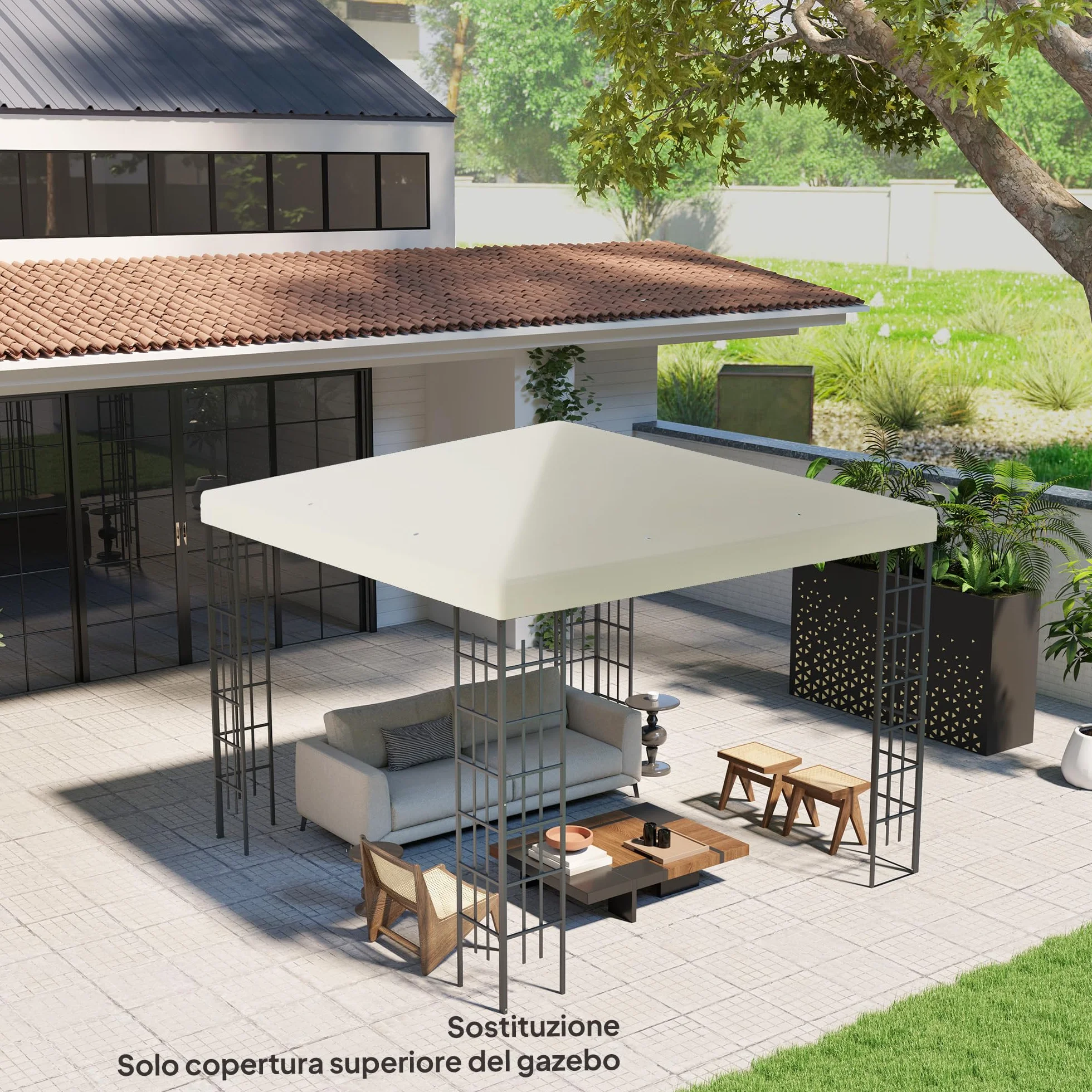 Outsunny Jardín Gazebo Reemplazo Techo 3x3 m, Resistente al agua Gazebo Canopy en 600D Oxford Tela 370g/㎡ Anti-UV 30+ con 8 agujeros de drenaje, Crema blanca.