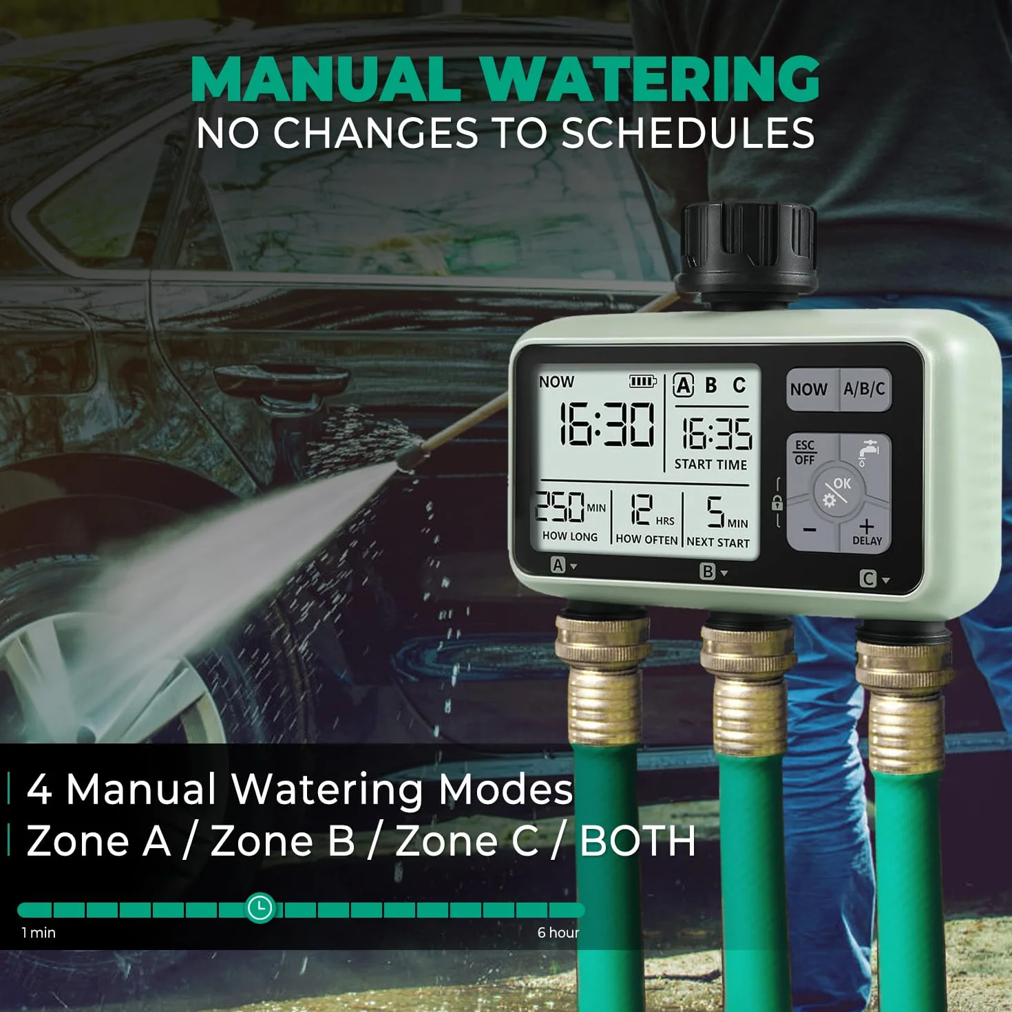 3 Salidas Programador Riego Automático,Johgee Programador de riego, Sistema de riego Controlador/Modo de Bloqueo para niños/Modo automático y Manual/Retraso por Lluvia / IPX5 a Prueba de Agua