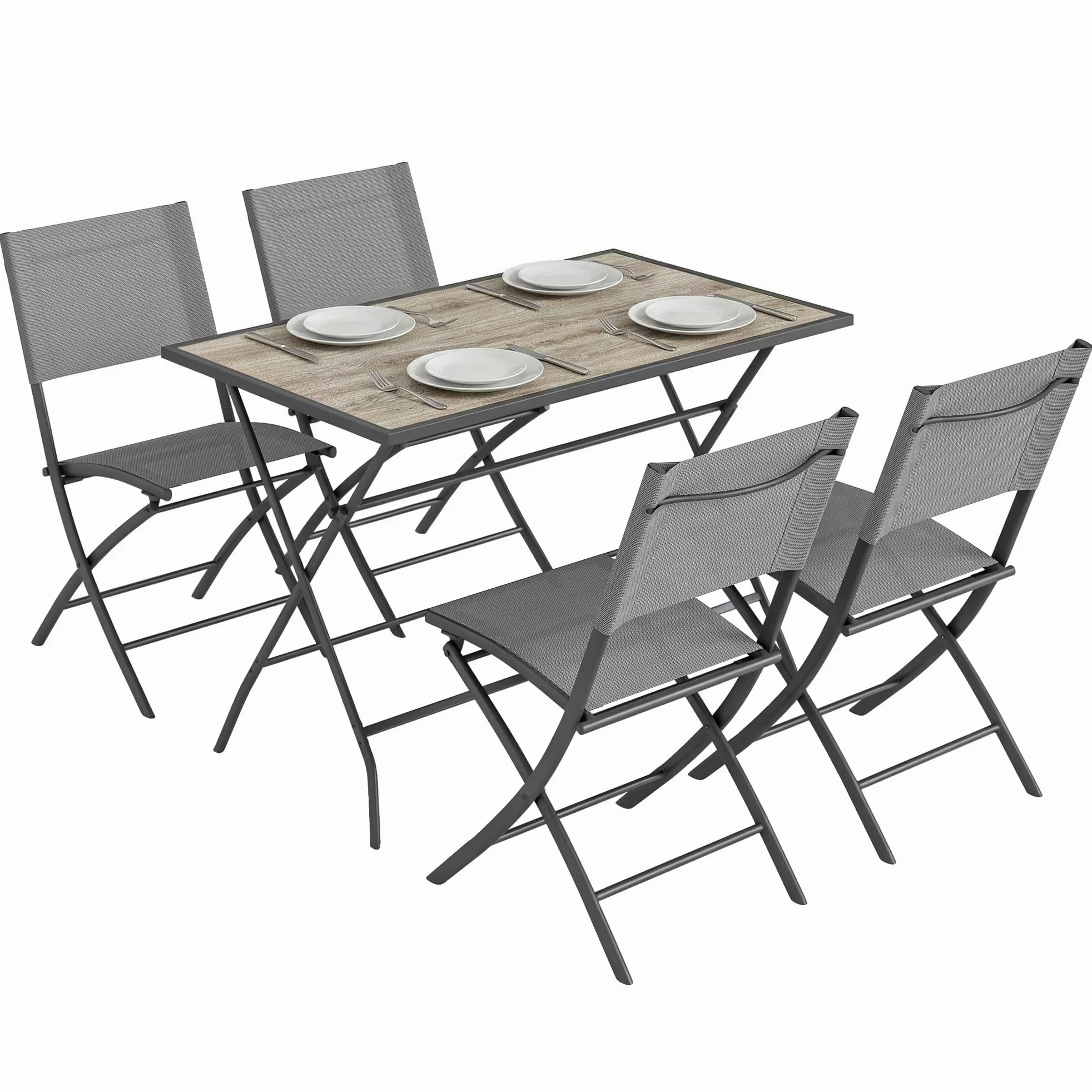 Outsunny Conjunto de Mesa y Sillas Jardín de 5 Piezas, Muebles de Jardín Exterior con 4 Sillas Plegables y Mesa Plegable, para Terraza, Patio, Gris