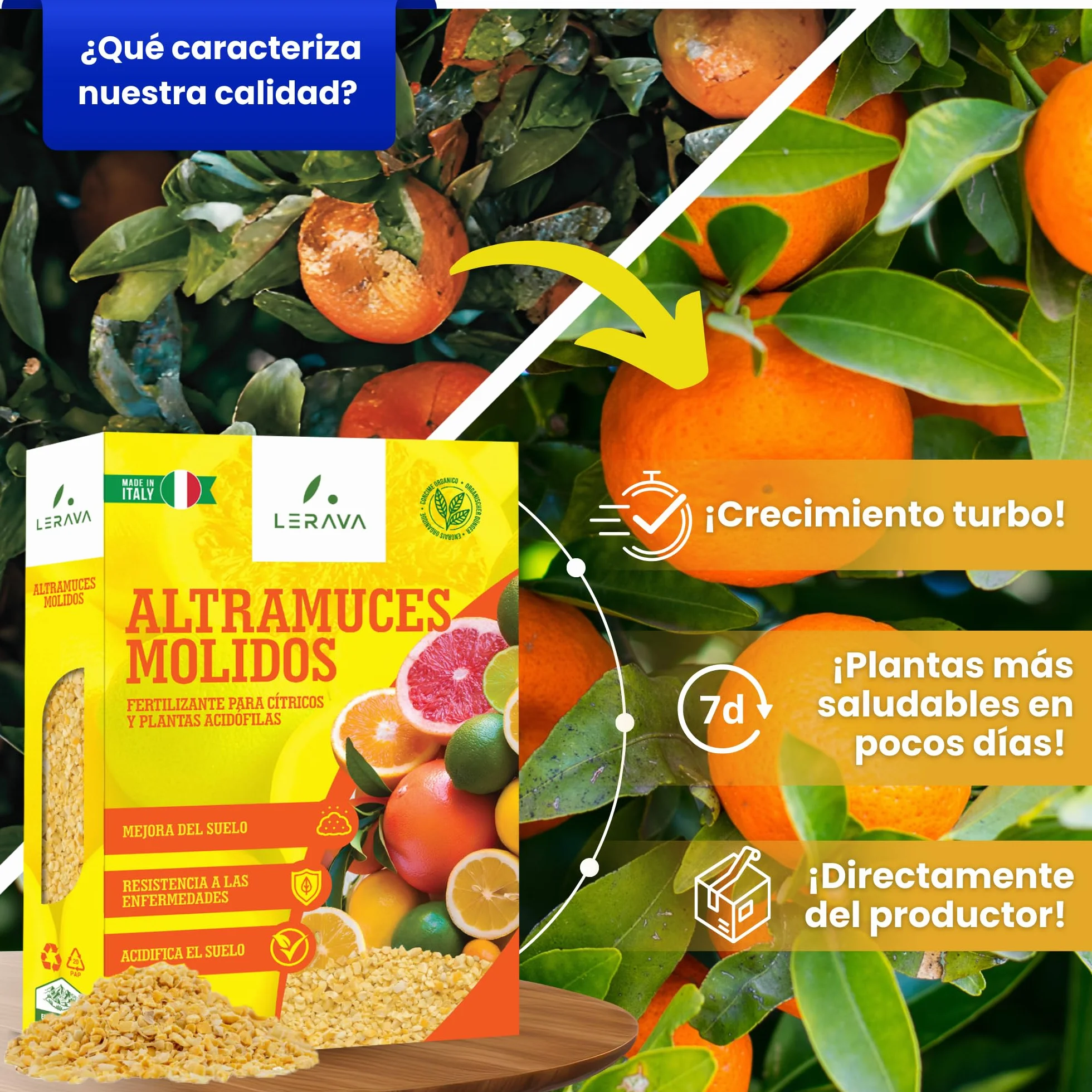 LERAVA Abono cítricos (3,6 kg) - fertilizante natural de altramuces molidos para limonero y naranjo - ideal para mandarino, kumquat y pomelo - mejora crecimiento, vigor y follaje en plantas acidófilas