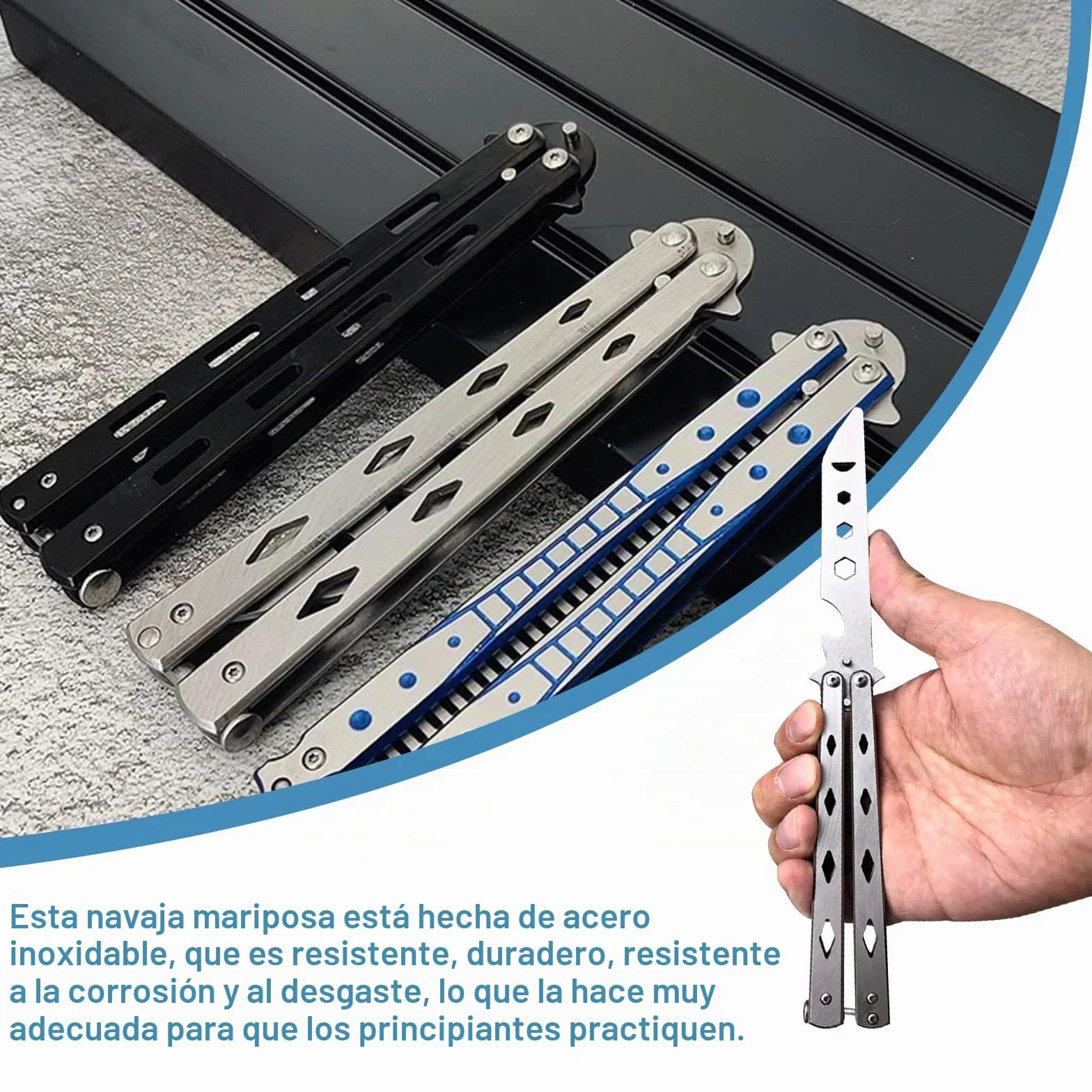 Navaja mariposa entrenamiento acero inoxidable hoja desafilada 3 unidades principiantes trucos plata negro azul