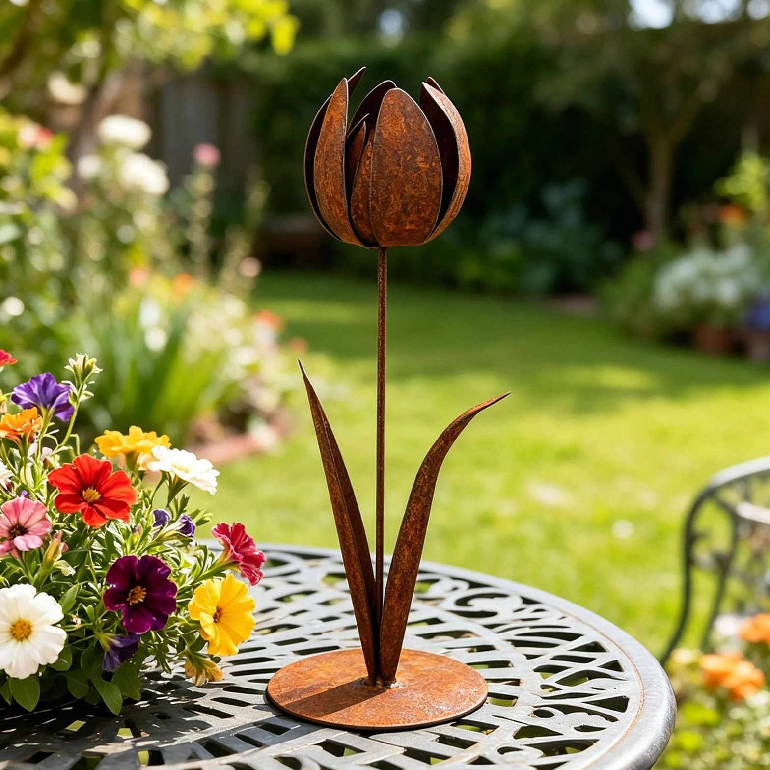 PANGBOER Retros Styles - Tulipanes de metal oxidado para patio, resistente a la intemperie, estaca decorativa a prueba de óxido, escultura de hierro