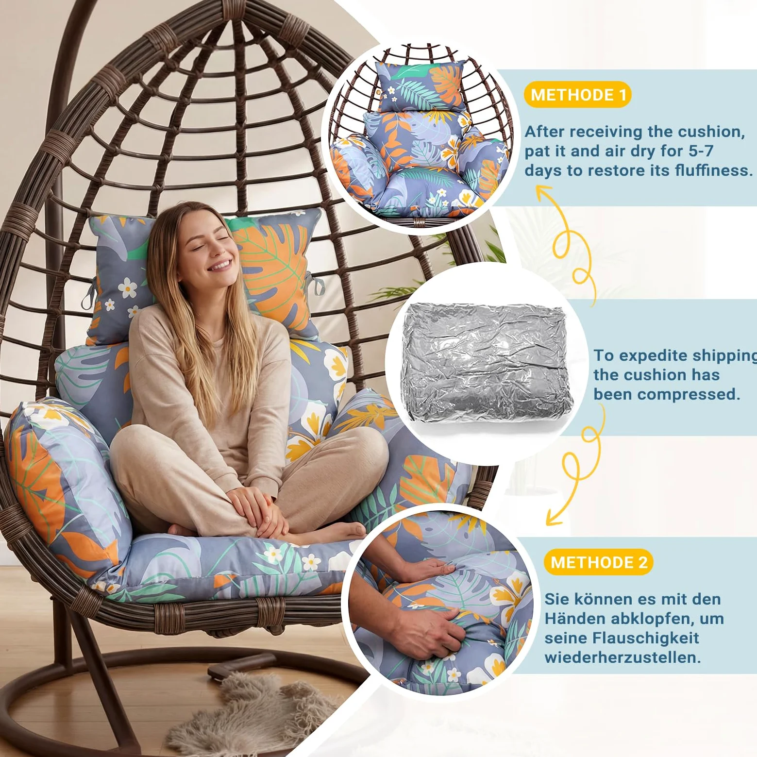 Cojín colgante para sillón mecedora para exterior: moderno, cojín de poliéster, suave, resistente al agua, cojín de repuesto, cojín de jardín, cojín con reposacabezas para sillón colgante de
