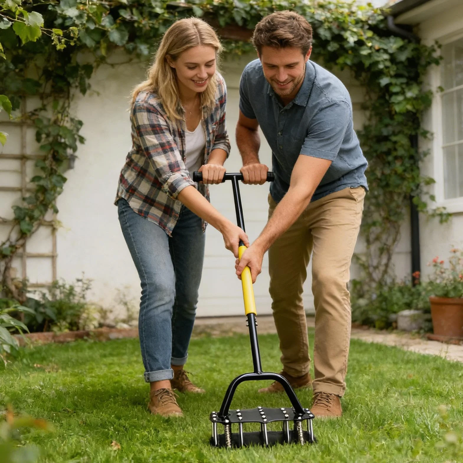 Aireador de césped Aireador Manual / Esponjador | Aireador con de resorte para prados de jardín con diecisiete púas de acero para Mantenimiento del Césped y Jardinería,