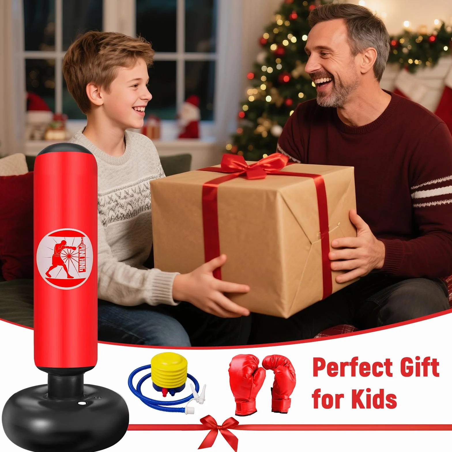 Qoosea Saco de Boxeo Niños 160cm con Bomba de Aire y Guantes, Bolsa de Boxeo Inflable Estable para Karate Kickboxing MMA