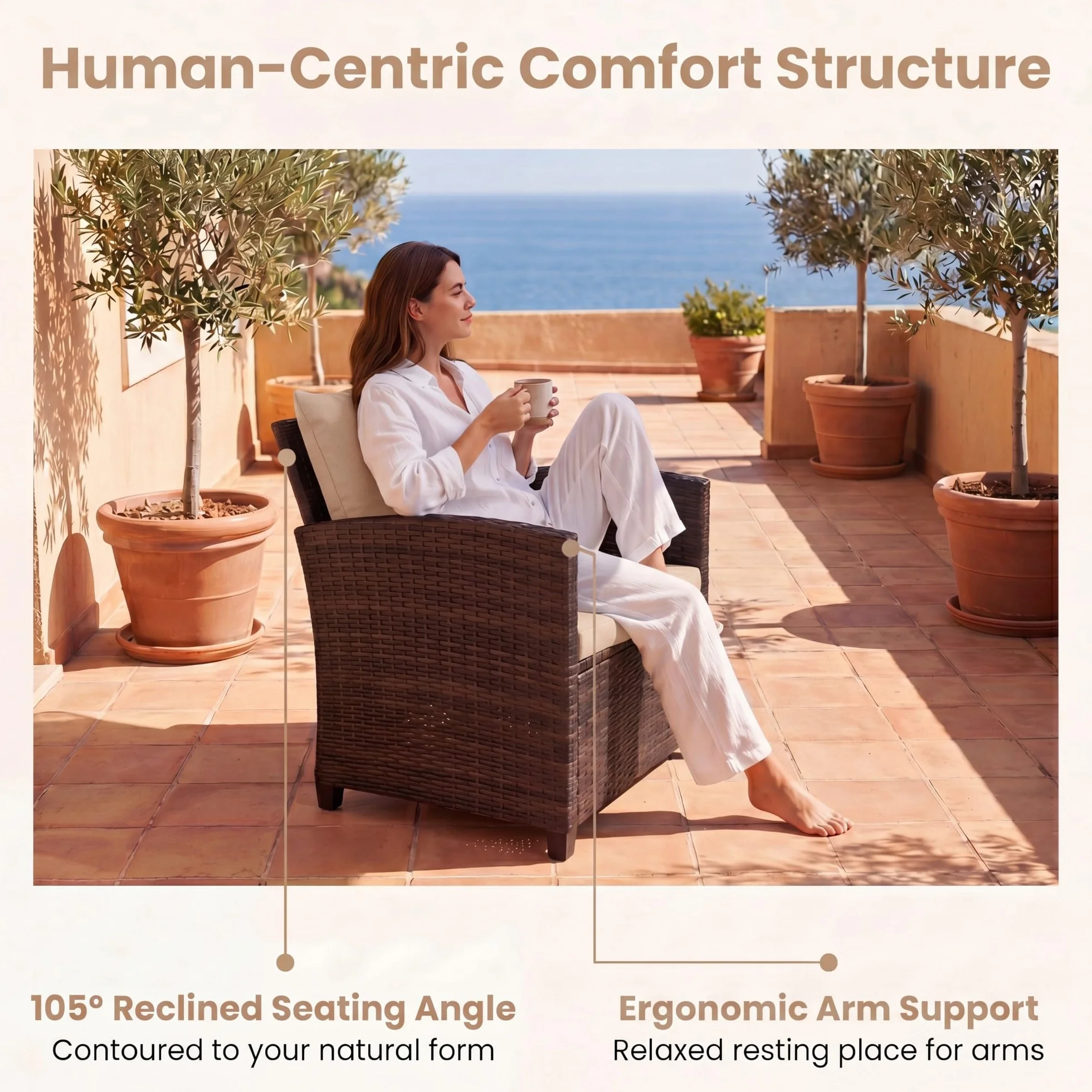 GIANTEX Juego de Muebles Jardín Exterior 3 Piezas, 2 Sillones con Cojines y 1 Mesa de Café de Vidrio, para 2 Personas, Conjunto de Conversación para Balcón, Terraza, Patio (Marrón+Café)
