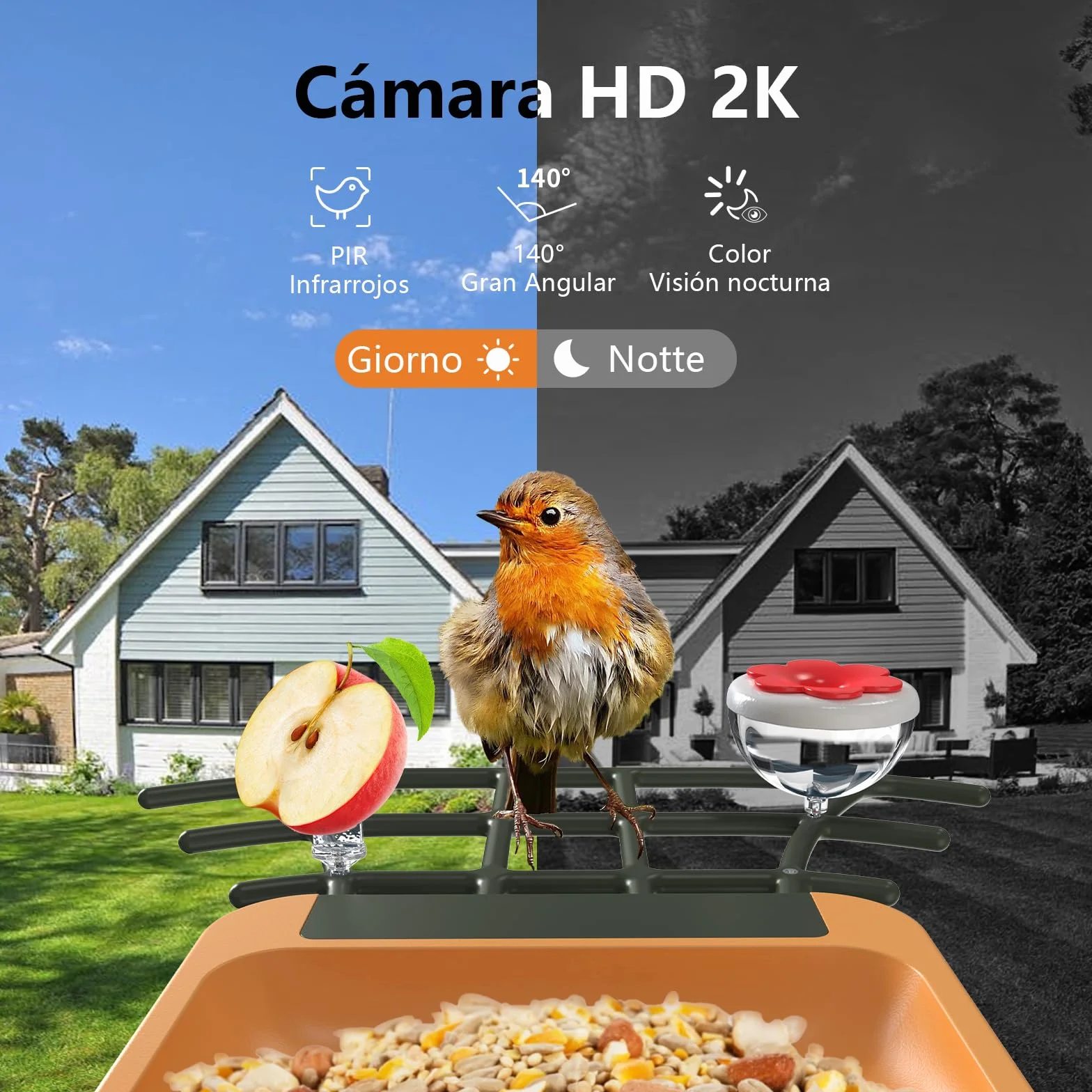 Comedero Pajaros con Cámara 2K HD AI identifica 10000+ Pájaros Solar Comedero Pajaros Exterior Notificación Instantánea Impermeable IP65 Almacenamiento en Nube Captura Automática Imagen/Videos