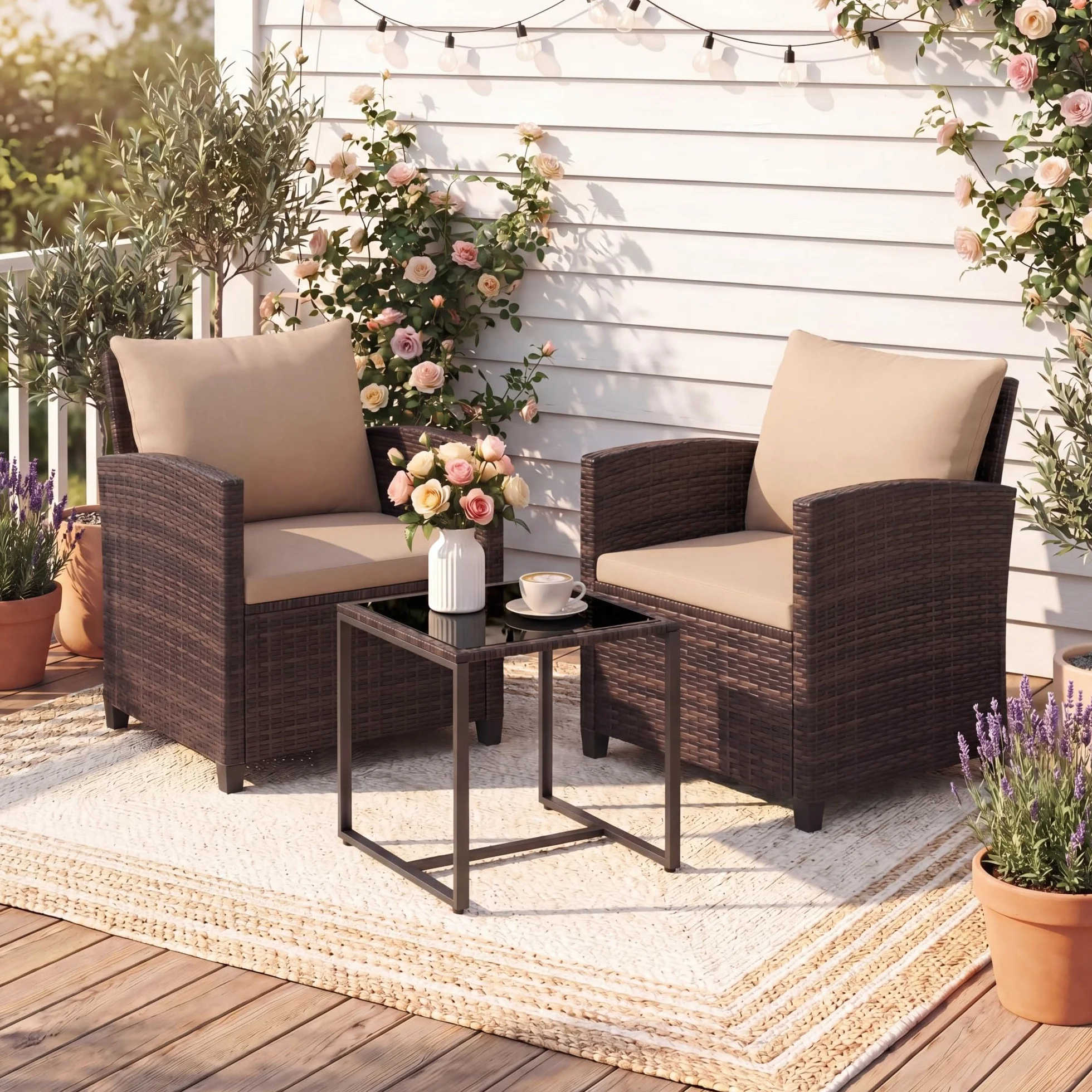 GIANTEX Juego de Muebles Jardín Exterior 3 Piezas, 2 Sillones con Cojines y 1 Mesa de Café de Vidrio, para 2 Personas, Conjunto de Conversación para Balcón, Terraza, Patio (Marrón+Café)