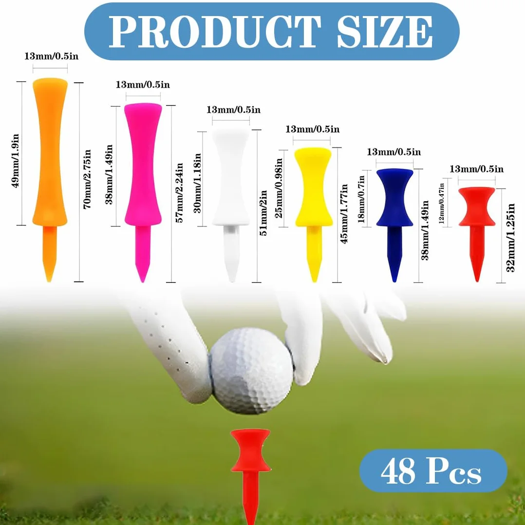 Tees de golf de plástico irrompibles, paquete de 48 unidades de 32-70 mm, fricción reducida y liberación lateral