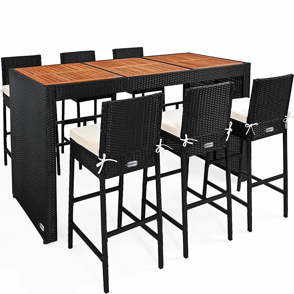 CASARIA Set de Mesa Alta y 6 Taburetes de Bar con Cojines de Asiento de Madera de Acacia Poliratán Negro Muebles de jardín