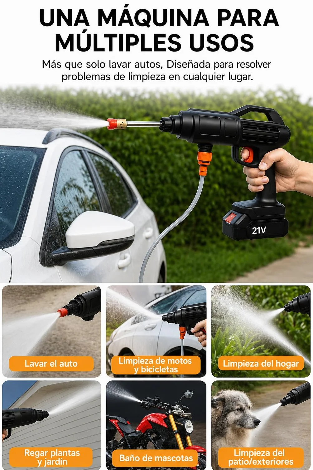 Pistola hidrolimpiadora de 300W para múltiples usos Limpiador inalámbrico de Alta presión con Accesorios Lavadora Alta presión portátil Incluye 2 baterías