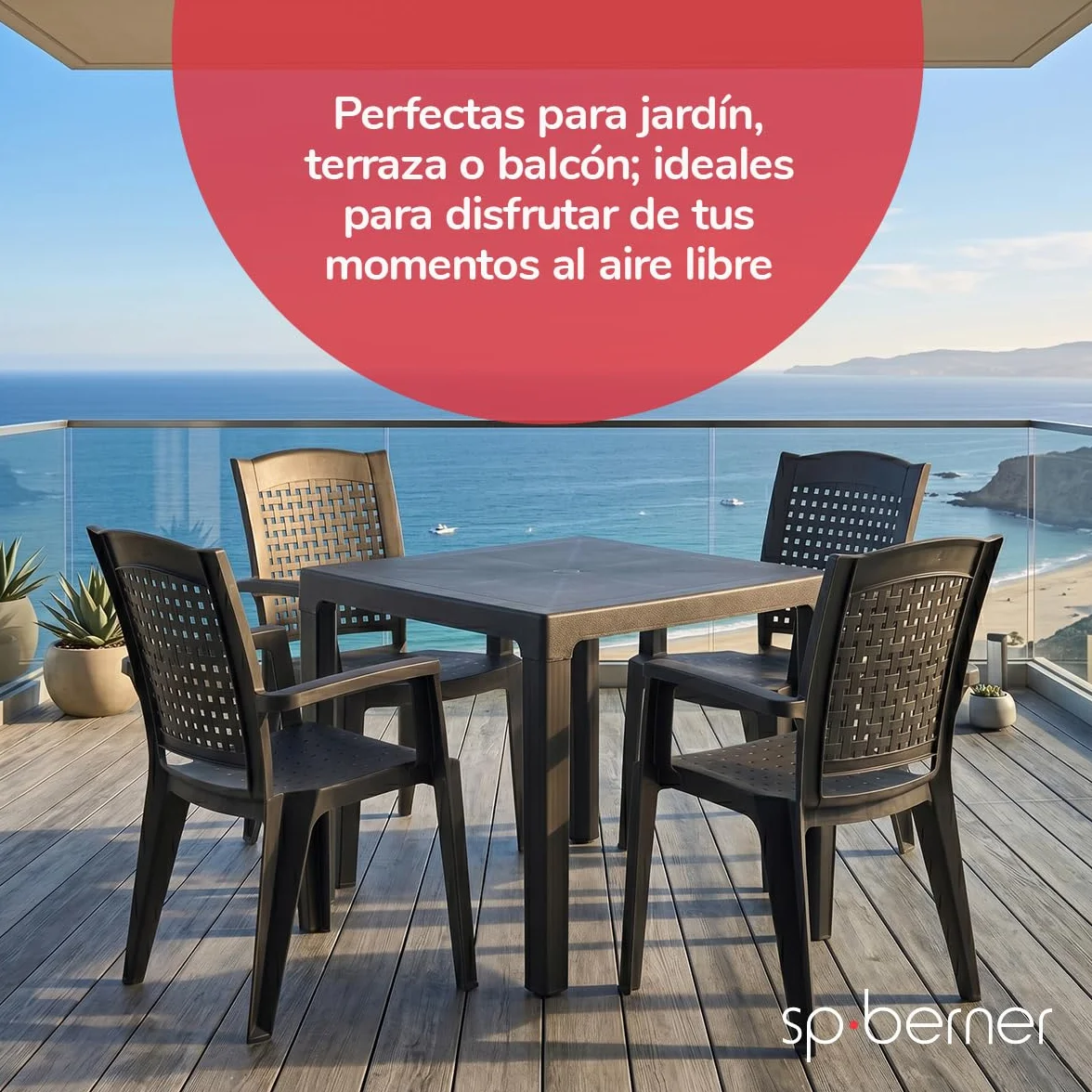 SP Berner SHAF - Pack 4 Sillas - Jardín Exterior y Terraza - Plástico Reciclado Resistente UV - Apilables - Modelo Metal - Blanco