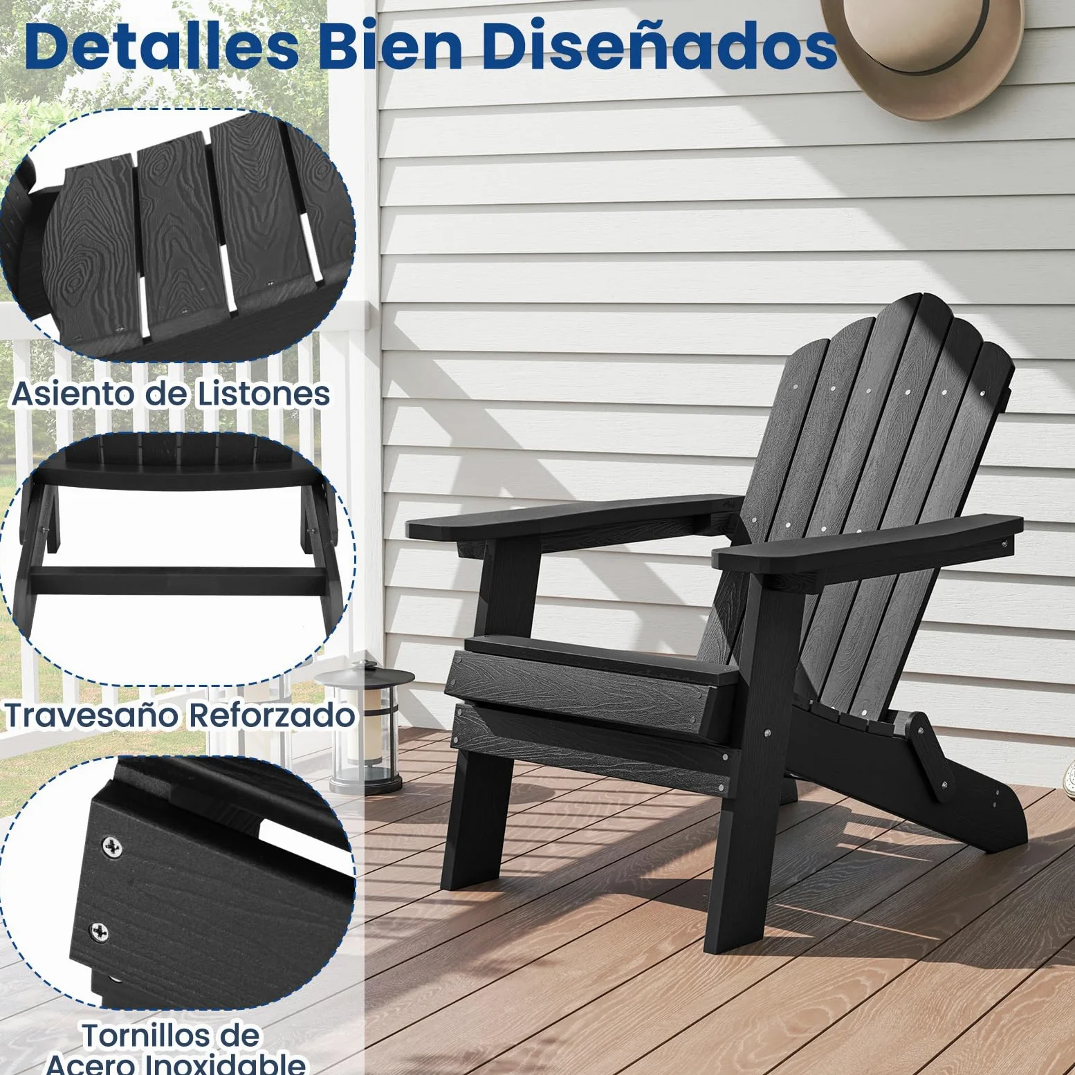 GOPLUS Silla Adirondack Plegable, Silla Exterior de HDPE con Respaldo Inclinado Ergonómico y Reposabrazos Anchos, Asiento Resistente a la Intemperie Carga 180 kg para Jardín Terraza Balcón (Negro)