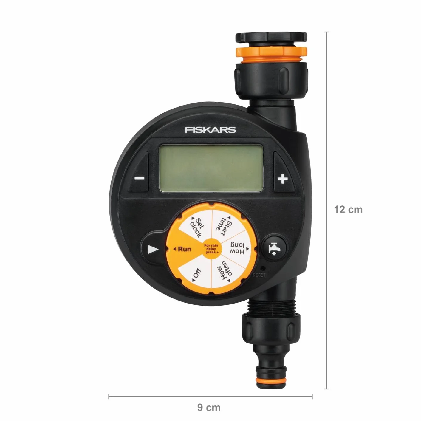 Fiskars Programador/Timer con 1 salida, Para todos los tamaños de grifo habituales, Pantalla LCD de fácil lectura, Tamaño universal, 380 g, Negro/Naranja, 1054791
