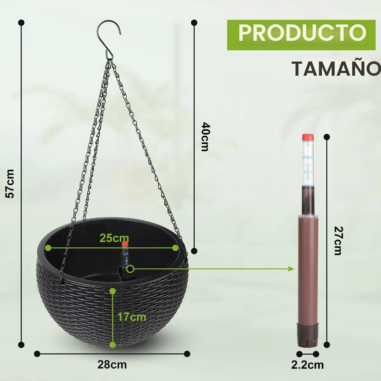 CPROSP 2pcs 28cm Auto-Riego Jardinera Colgante con Indicadores de Nivel de Agua y Ganchos De Cadena, Autorriego Maceta Colgante, Jardinera De Riego Maceta Auto para Exteriores, Techos, Balcones Negro