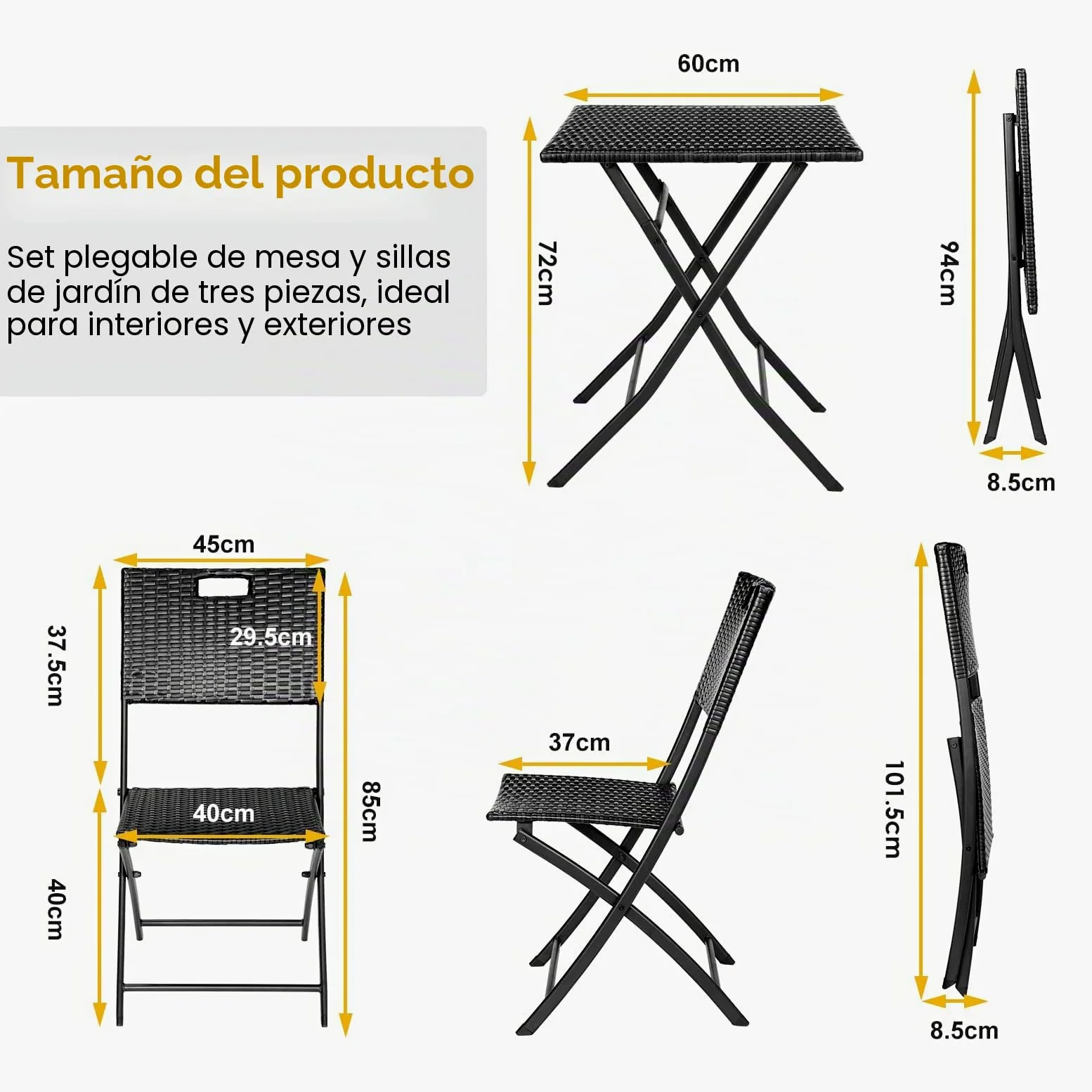 LIFERUN Juego de Muebles de Balcón de 3 Piezas, Muebles de Jardín de Ratán Plegable, 1 Mesa y 2 Sillas, Conjunto de Bistró, Conjunto de Mesa y Sillas de Jardín, para Balcón y Patio, Negro