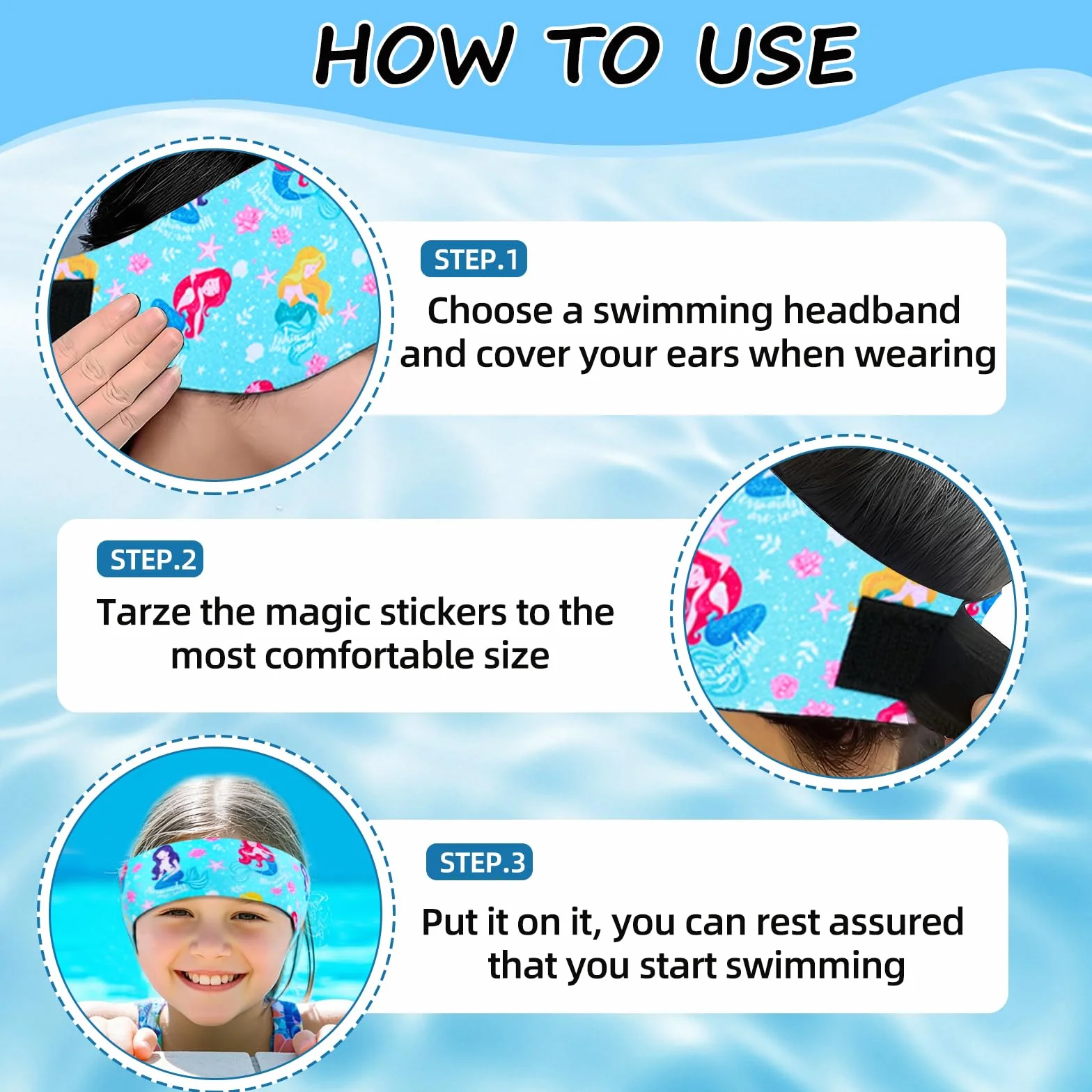 Diadema de Natación Impermeable Ajustable para Niños 2 PCS - Cinta para Nadar Surfear Ducharse