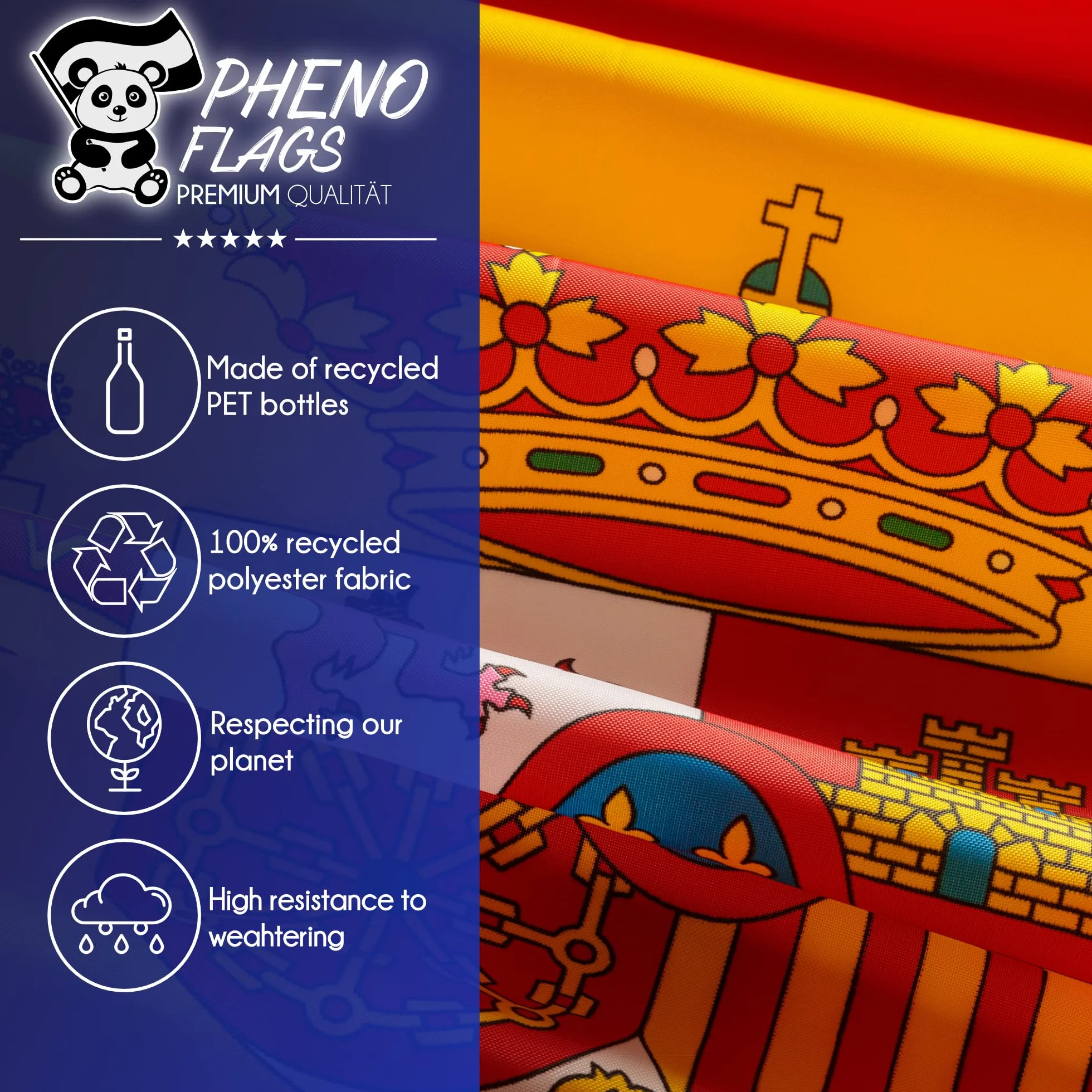 PHENO FLAGS Bandera Premium España 90x150 cm – extremadamente resistente a la intemperie con ojales metálicos y tecnología especial de sellado – doble dobladillo - colores brillantes y vivos
