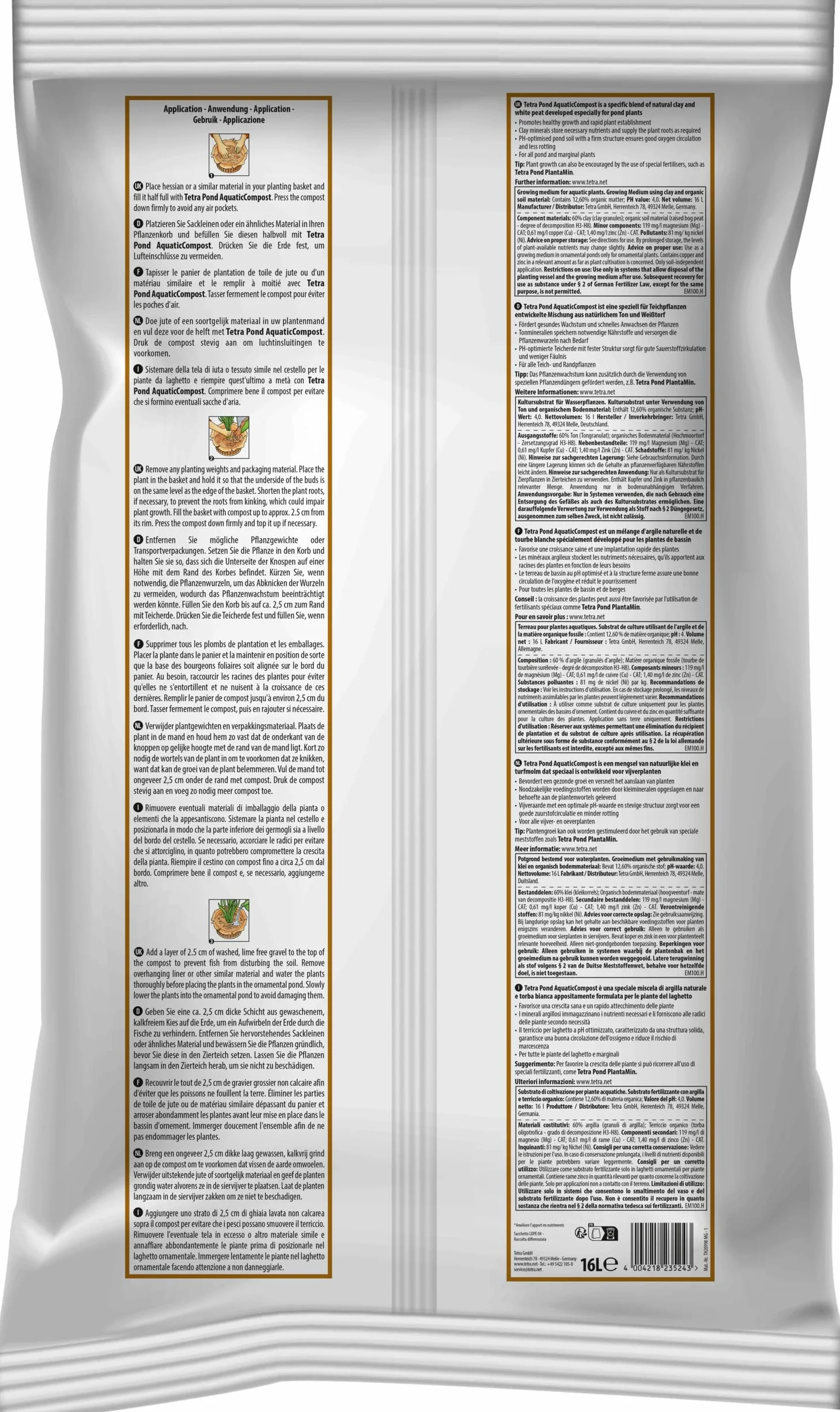 Tetra Pond AquaticCompost - Fertilizante, Tierra para Fondo de Cuenca - Nutrientes para Plantas de Estanque de jardín y Ornamento - Promueve el Crecimiento de Las Plantas - 16 L