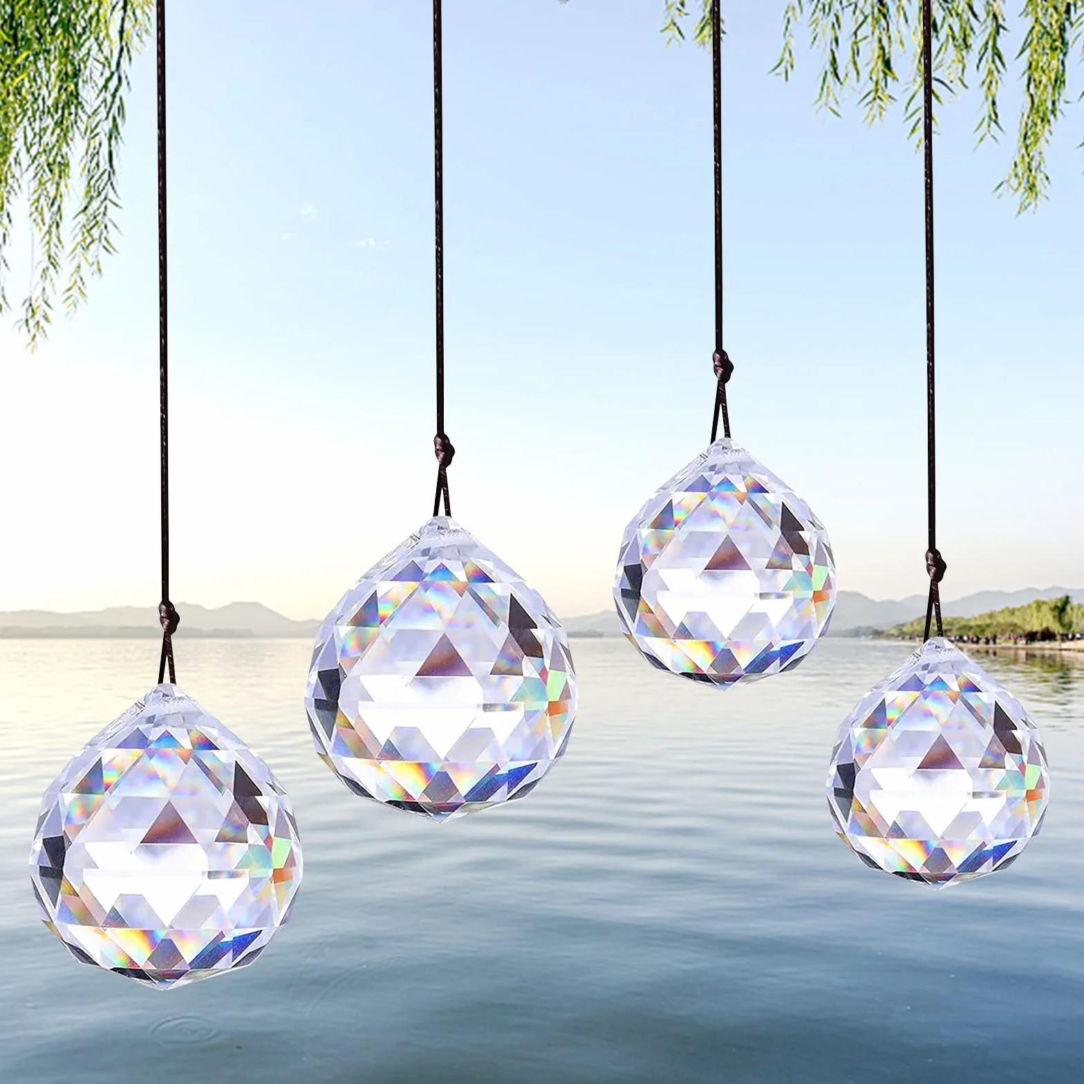 4 colgantes decorativos de cristal, arco iris, atrapasueños de cristal, decoración de prisma, bola de cristal, cristales como decoración, adorno colgante de cristal para el hogar, oficina, jardín