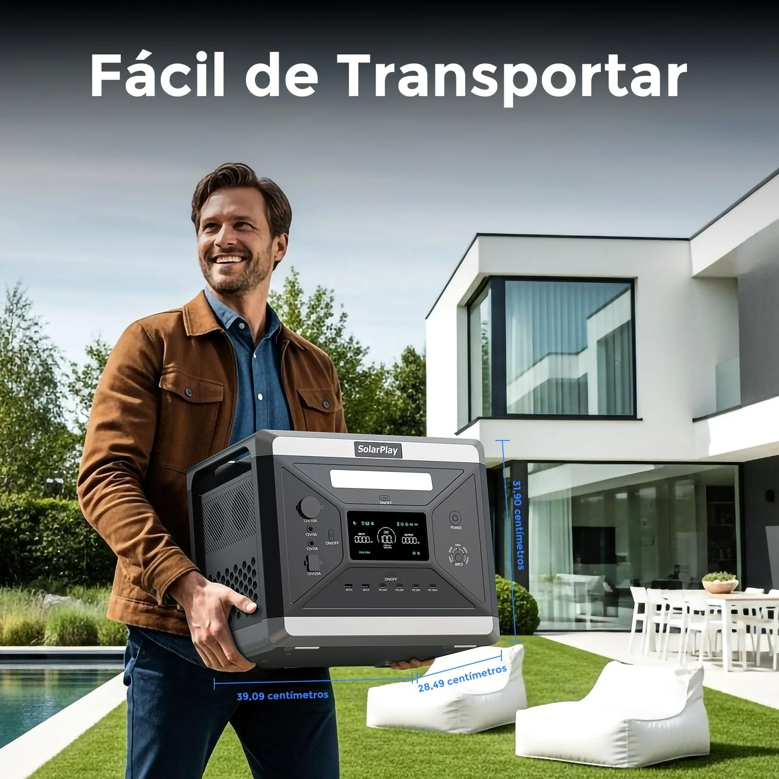 Estación de Energía Portátil SolarPlay Q2501, 2160Wh Batería LiFeP04, 100W USB-CSalida(12 puertos), Carga Completa Rápida 2h vía, Generador Solar para Exteriores, Camping, Emergencia (2400w+400w)