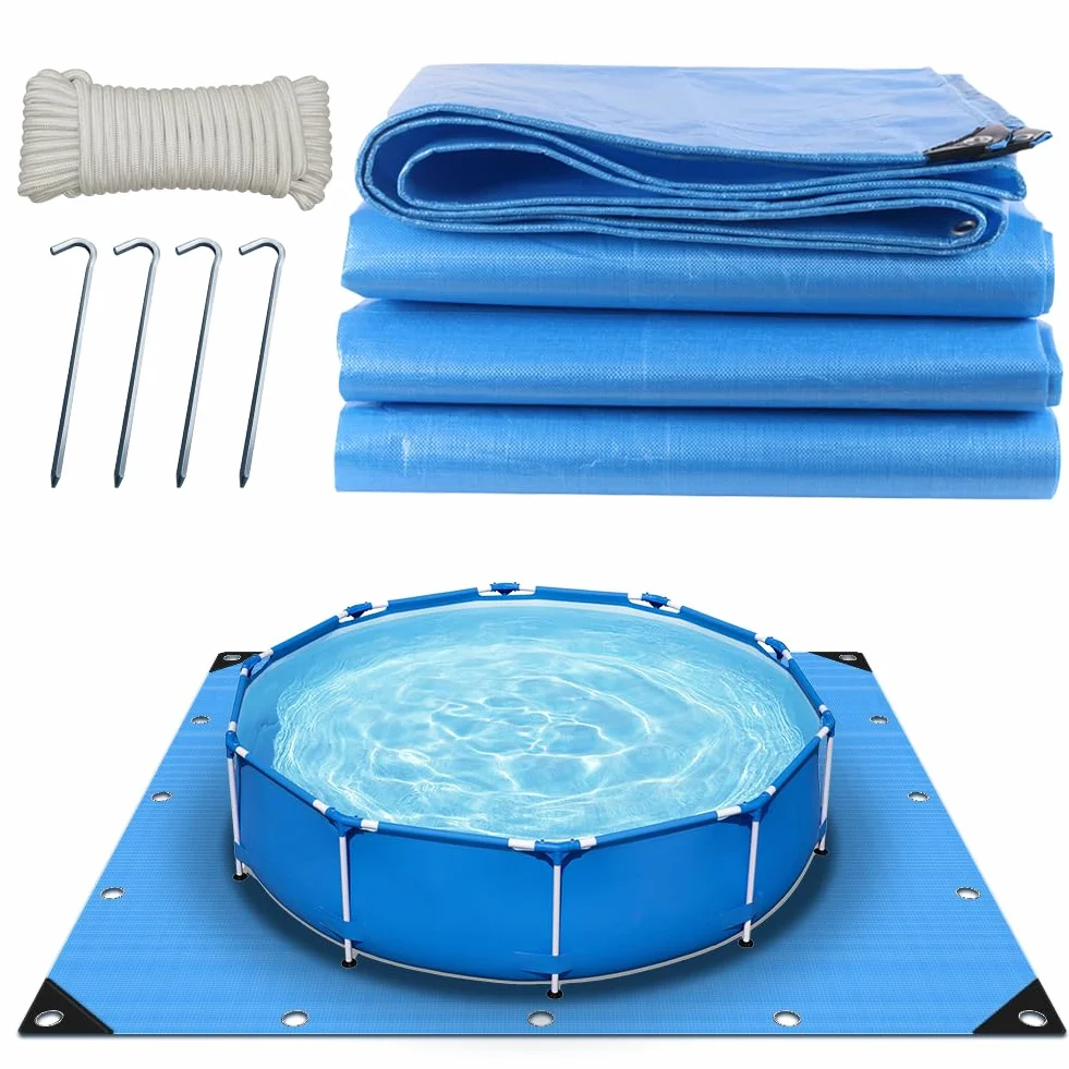 Roadtime Lona de suelo de piscina, 120 g/m², gruesa, cuadrada, con 4 ganchos y 20 m de cuerda de nailon, base de piscina con agujeros, lona impermeable y resistente a desgarros (4 x 4 m, azul)