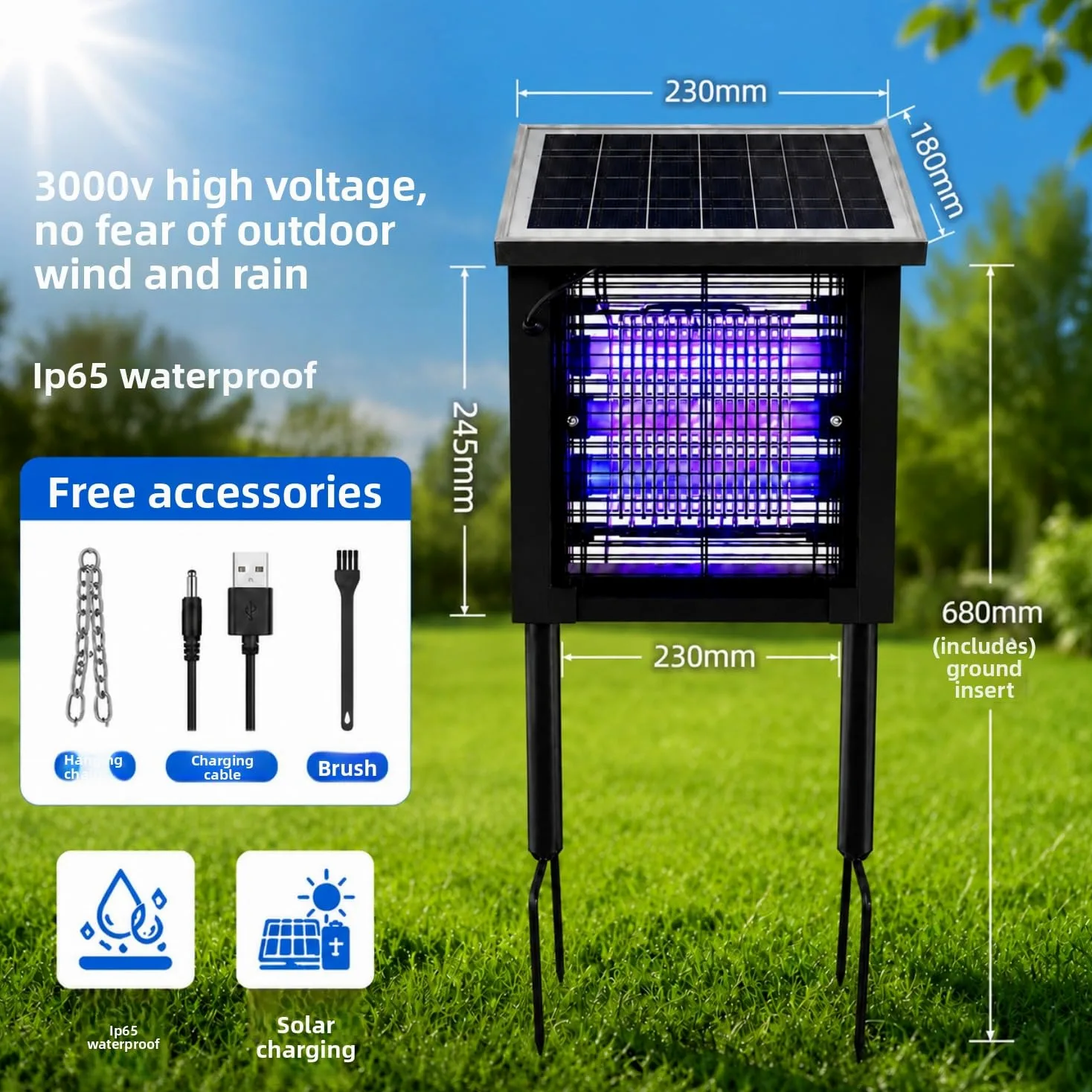 Matamosquitos solar, exterminador de insectos con luz UV, repelente de plagas impermeable para patio, jardín, parque, comunidad, control eficaz de mosquitos e insectos (negro, 23 cm)